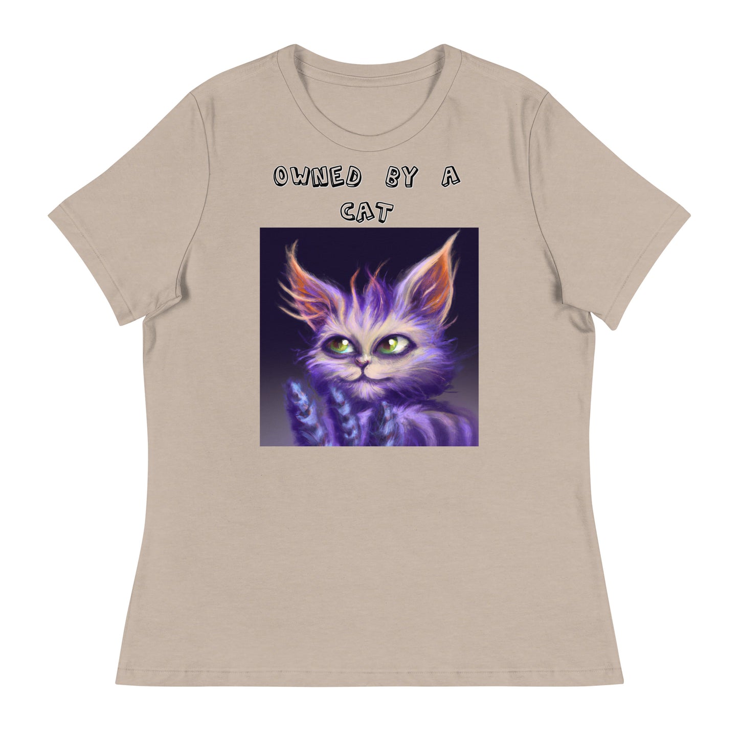 Women's White T-Shirt with Purple Alien Cat with a text "Owned by a Cat" at $25.97 found at Personalizedpetlovergifts