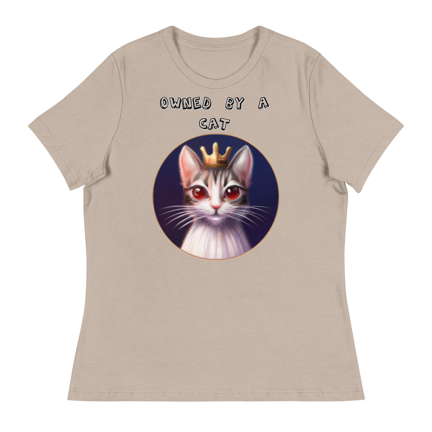 Women's White T-Shirt with Princess Cat With Red Eyes with a text "Owned by a Cat" at $25.97 found at Personalizedpetlovergifts