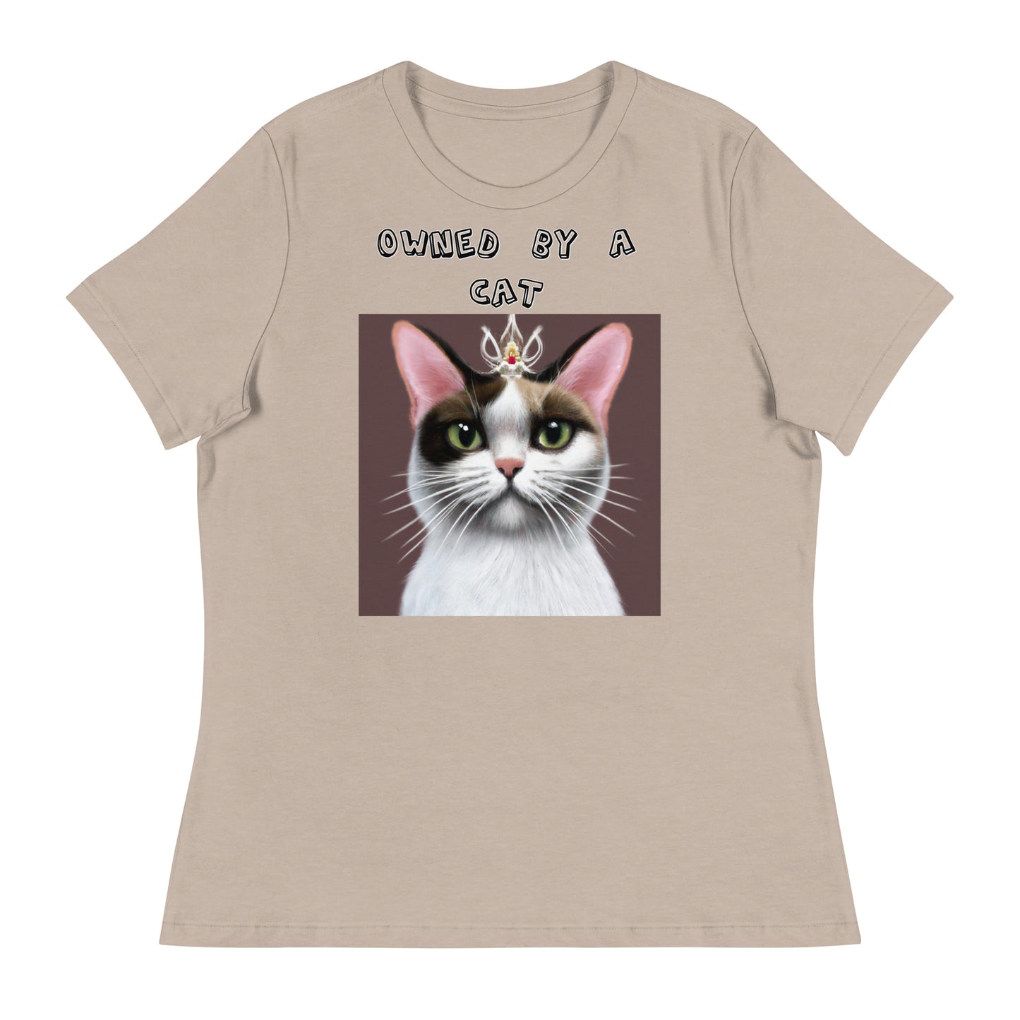 Women's White T-Shirt with Princess Cat With a Tiara with a text "Owned by a Cat" at $25.97 found at Personalizedpetlovergifts