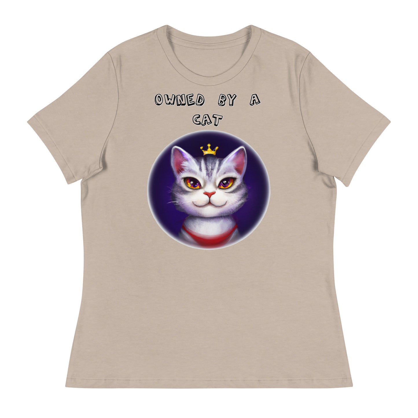 Women's White T-Shirt with Princess Cat In a Circle with a text "Owned by a Cat" at $25.97 found at Personalizedpetlovergifts