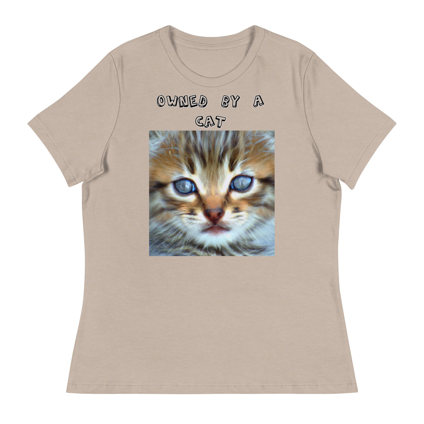 Women's White T-Shirt with Portrait Painting Of a Kitten with a text "Owned by a Cat" at $25.97 found at Personalizedpetlovergifts