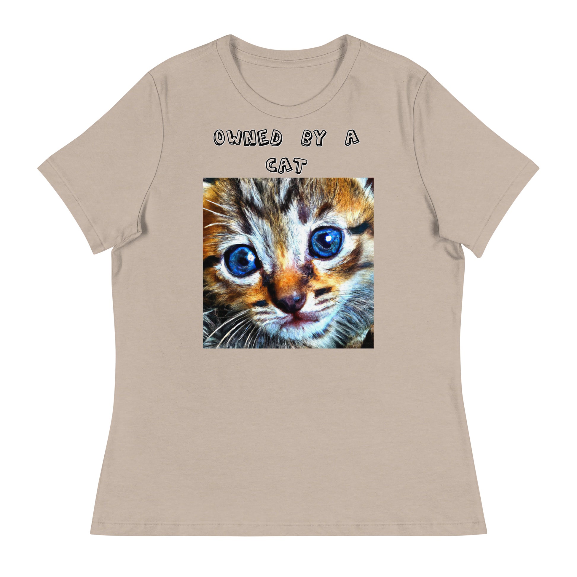 Women's White T-Shirt with Portrait Painting Of a Cat with a text "Owned by a Cat" at $25.97 found at Personalizedpetlovergifts