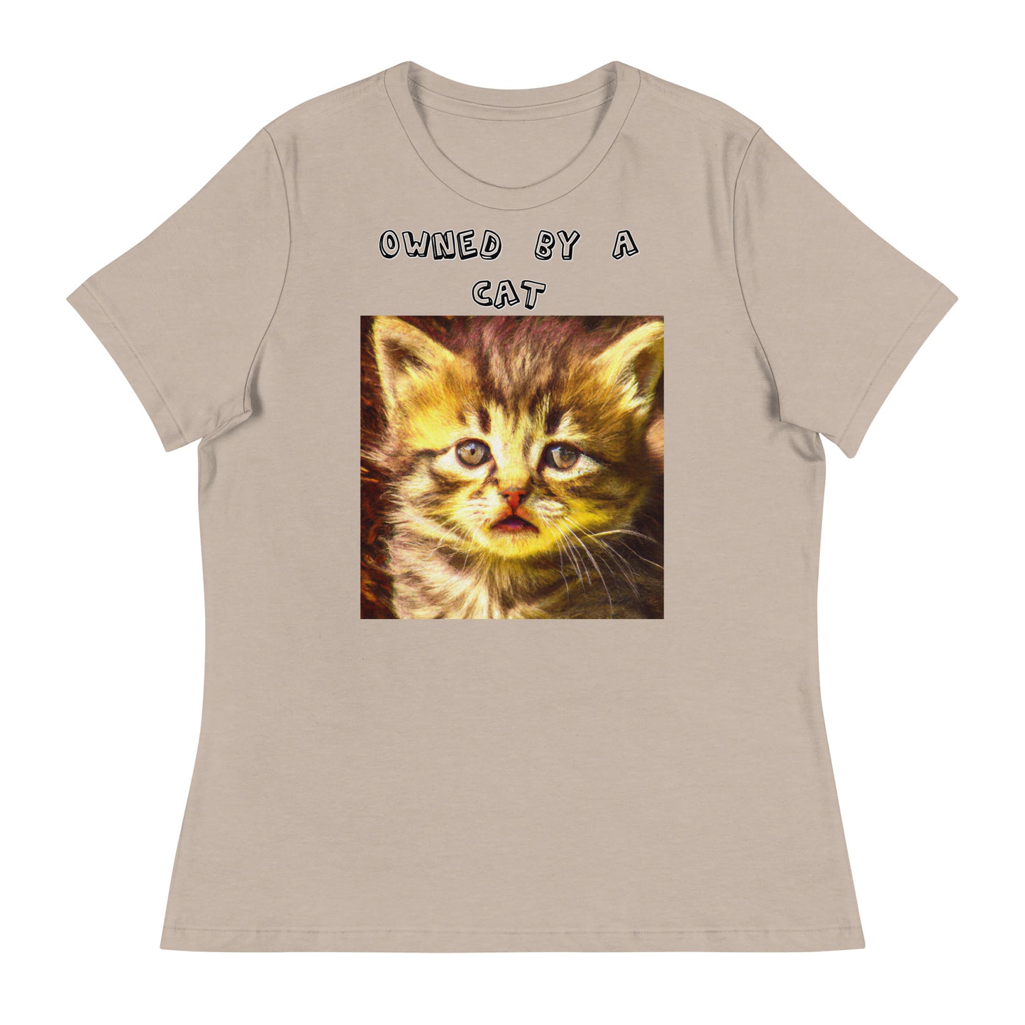 Women's White T-Shirt with Portrait Of a Fluffy Kitten with a text "Owned by a Cat" at $25.97 found at Personalizedpetlovergifts