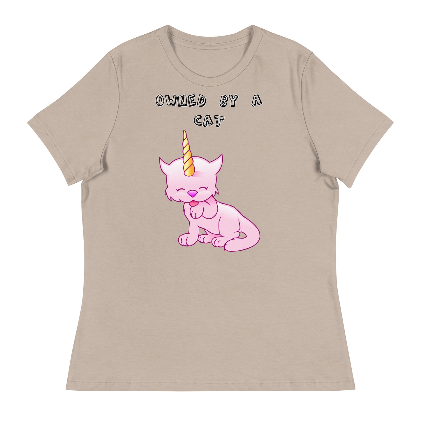 Women's White T-Shirt with Pink Unicorn Cat Licking Its Paw with a text "Owned by a Cat" at $25.97 found at Personalizedpetlovergifts