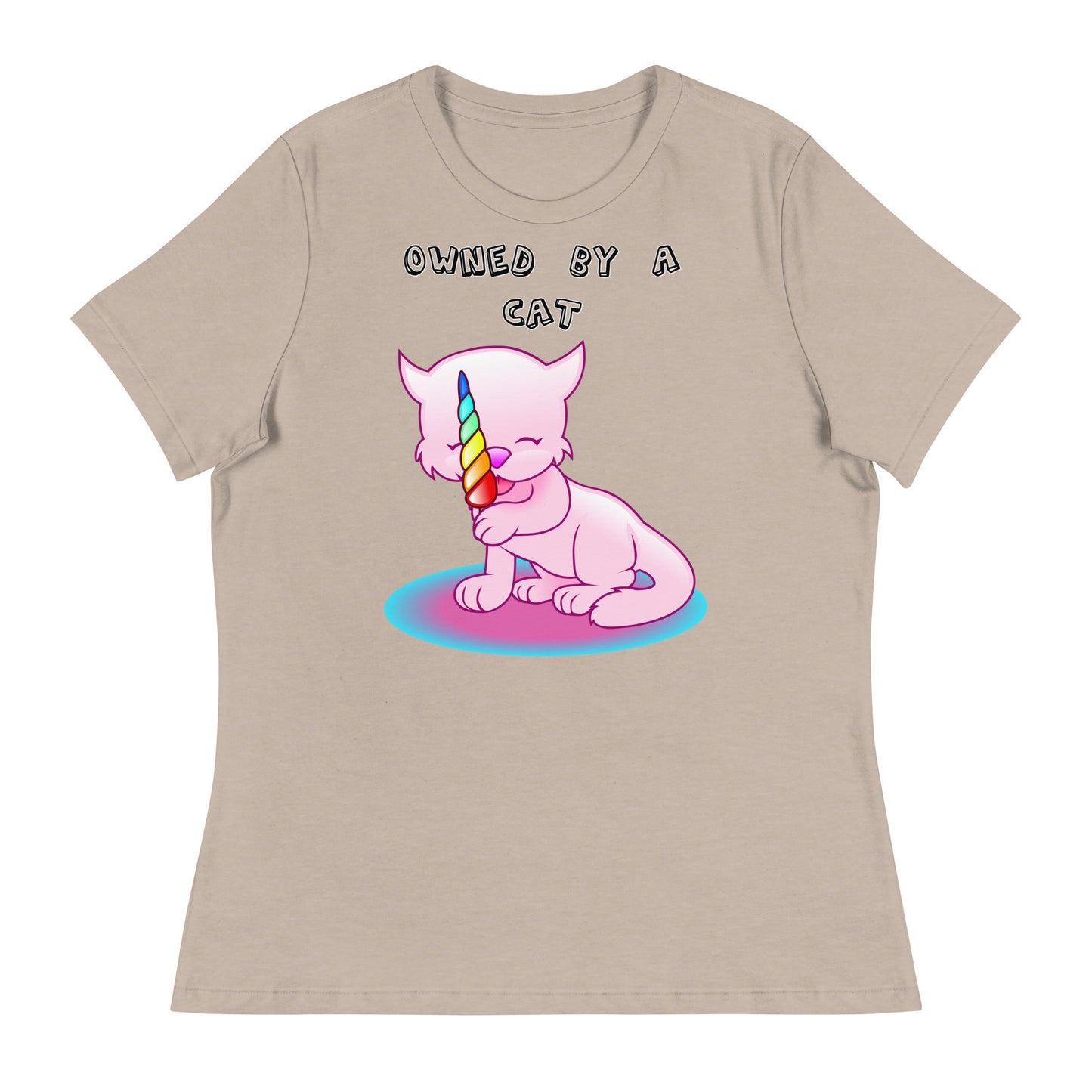 Women's White T-Shirt with Pink Kitten Licking Candy with a text "Owned by a Cat" at $25.97 found at Personalizedpetlovergifts