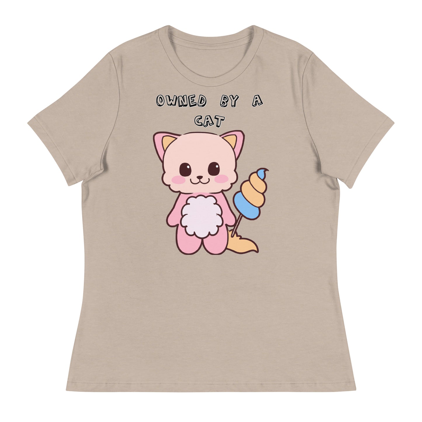 Women's White T-Shirt with Pink Kitten Holding a Cotton Candy with a text "Owned by a Cat" at $25.97 found at Personalizedpetlovergifts