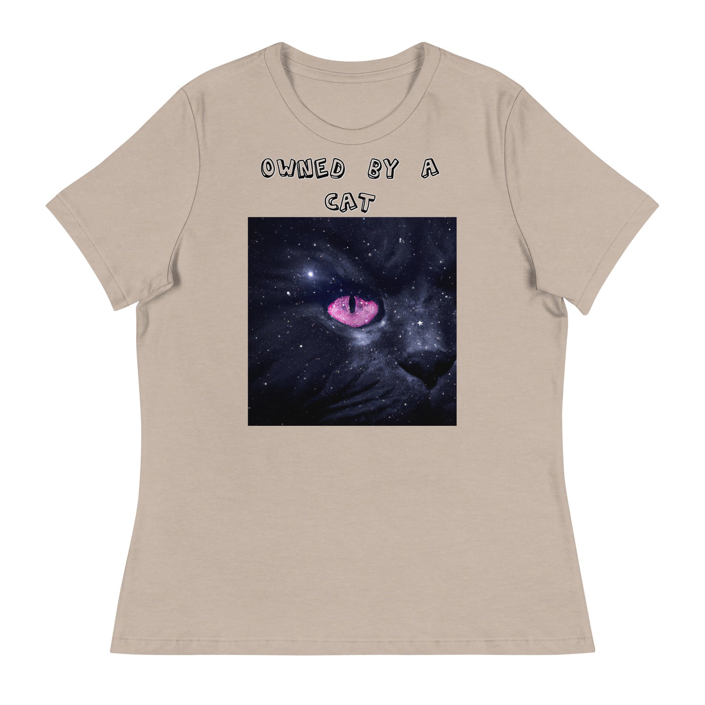 Women's White T-Shirt with Pink Galaxy Eyed Cat with a text "Owned by a Cat" at $25.97 found at Personalizedpetlovergifts