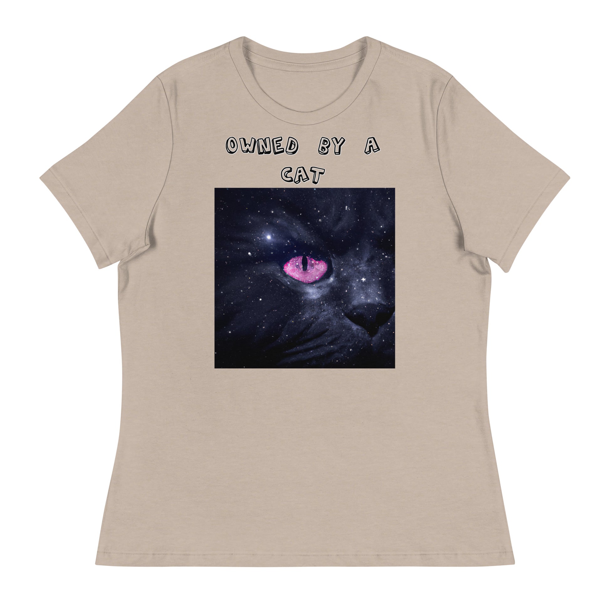 Women's White T-Shirt with Pink Galaxy Eyed Cat with a text "Owned by a Cat" at $25.97 found at Personalizedpetlovergifts