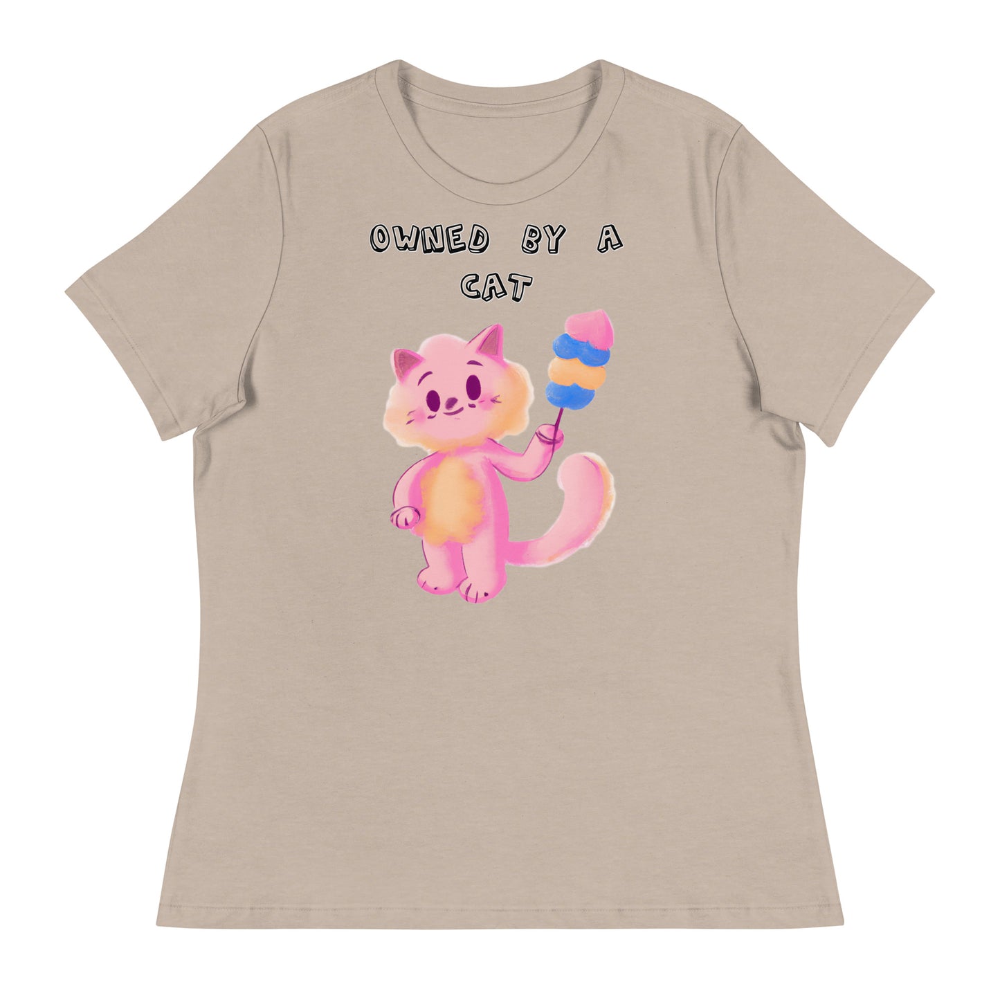 Women's White T-Shirt with Pink Cat With Cotton Candy with a text "Owned by a Cat" at $25.97 found at Personalizedpetlovergifts