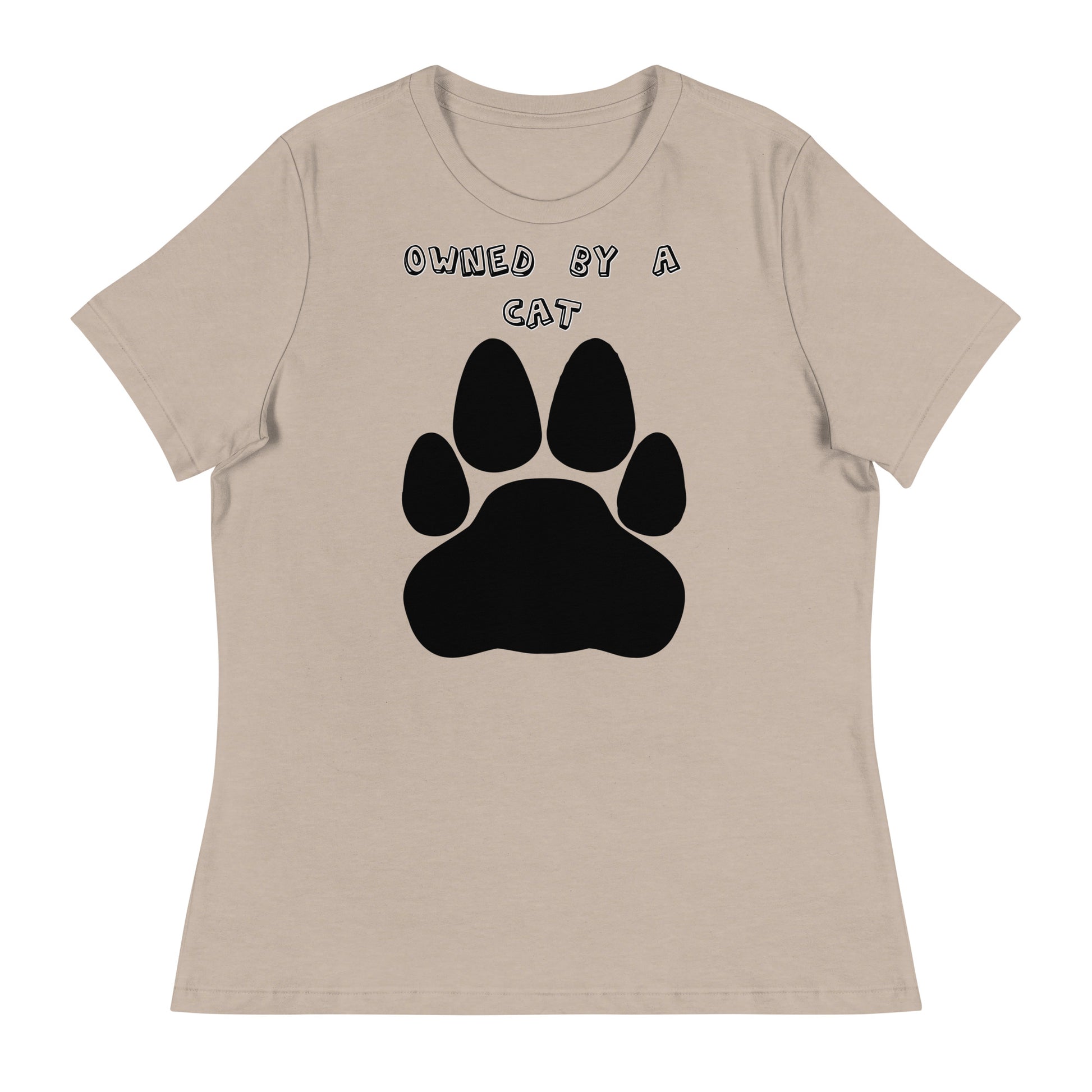 Women's White T-Shirt with Paw with a text "Owned by a Cat" at $25.97 found at Personalizedpetlovergifts