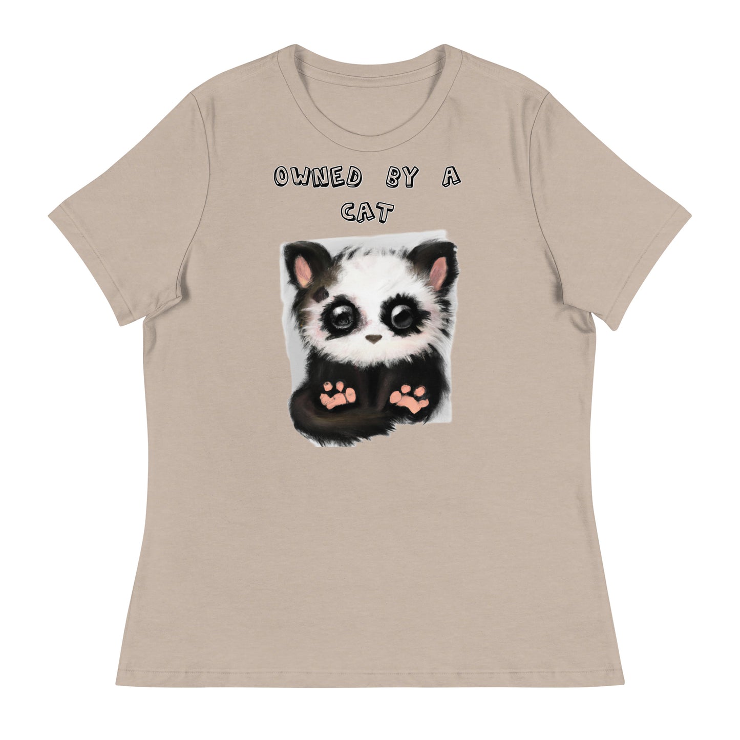 Women's White T-Shirt with Panda Kitten with a text "Owned by a Cat" at $25.97 found at Personalizedpetlovergifts