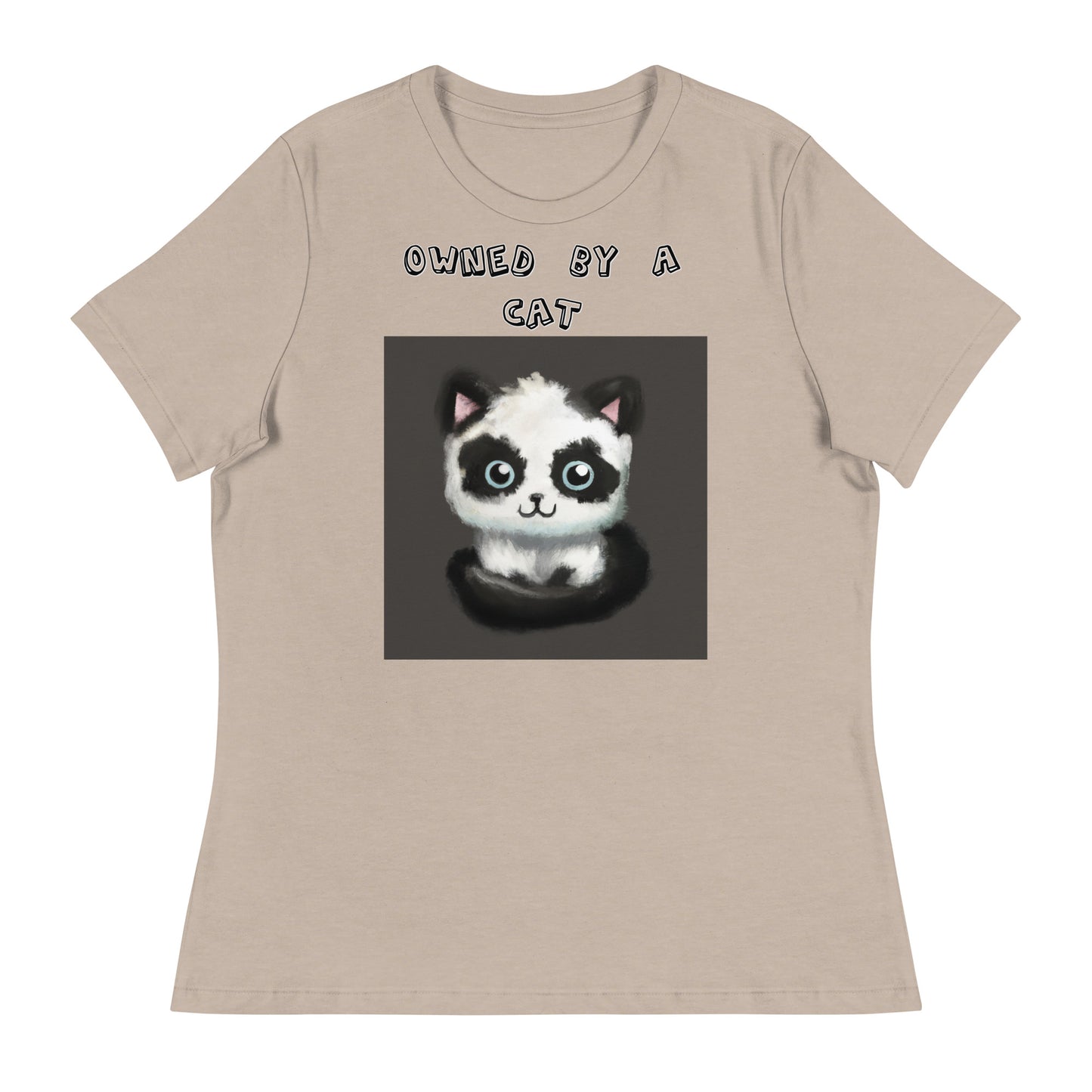 Women's White T-Shirt with Panda Colored Kitten with a text "Owned by a Cat" at $25.97 found at Personalizedpetlovergifts