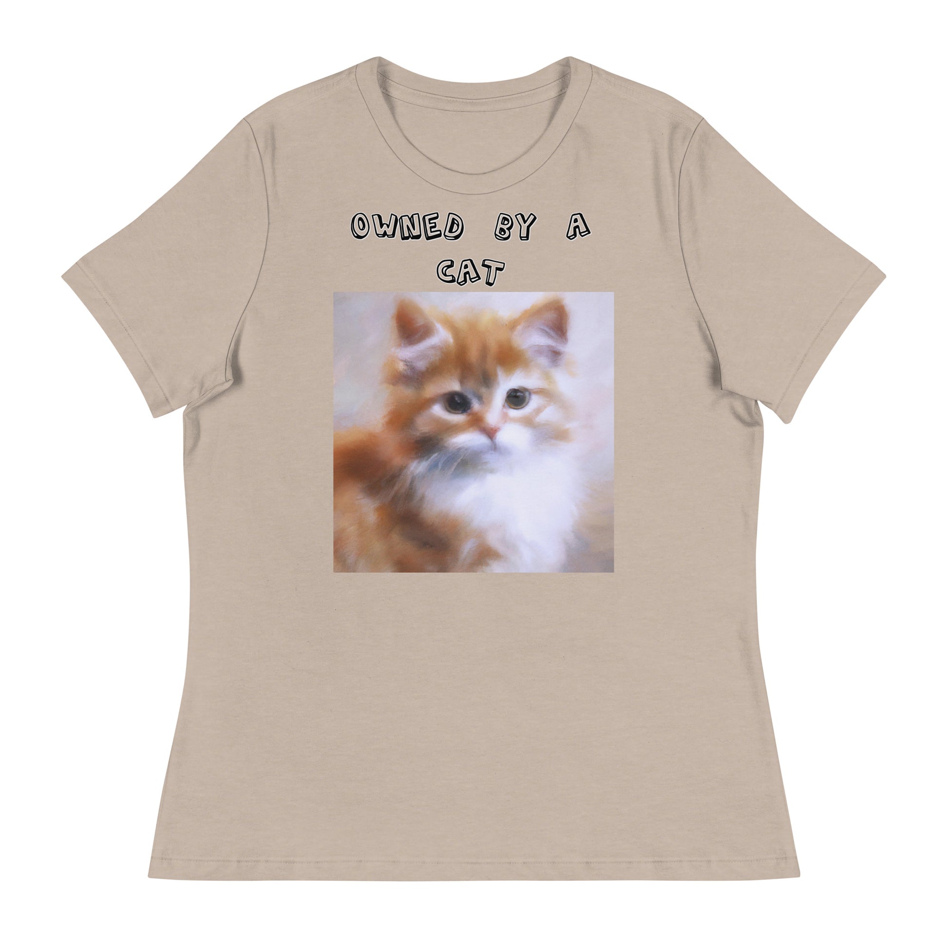 Women's White T-Shirt with Orange Fluffy Kitten with a text "Owned by a Cat" at $25.97 found at Personalizedpetlovergifts