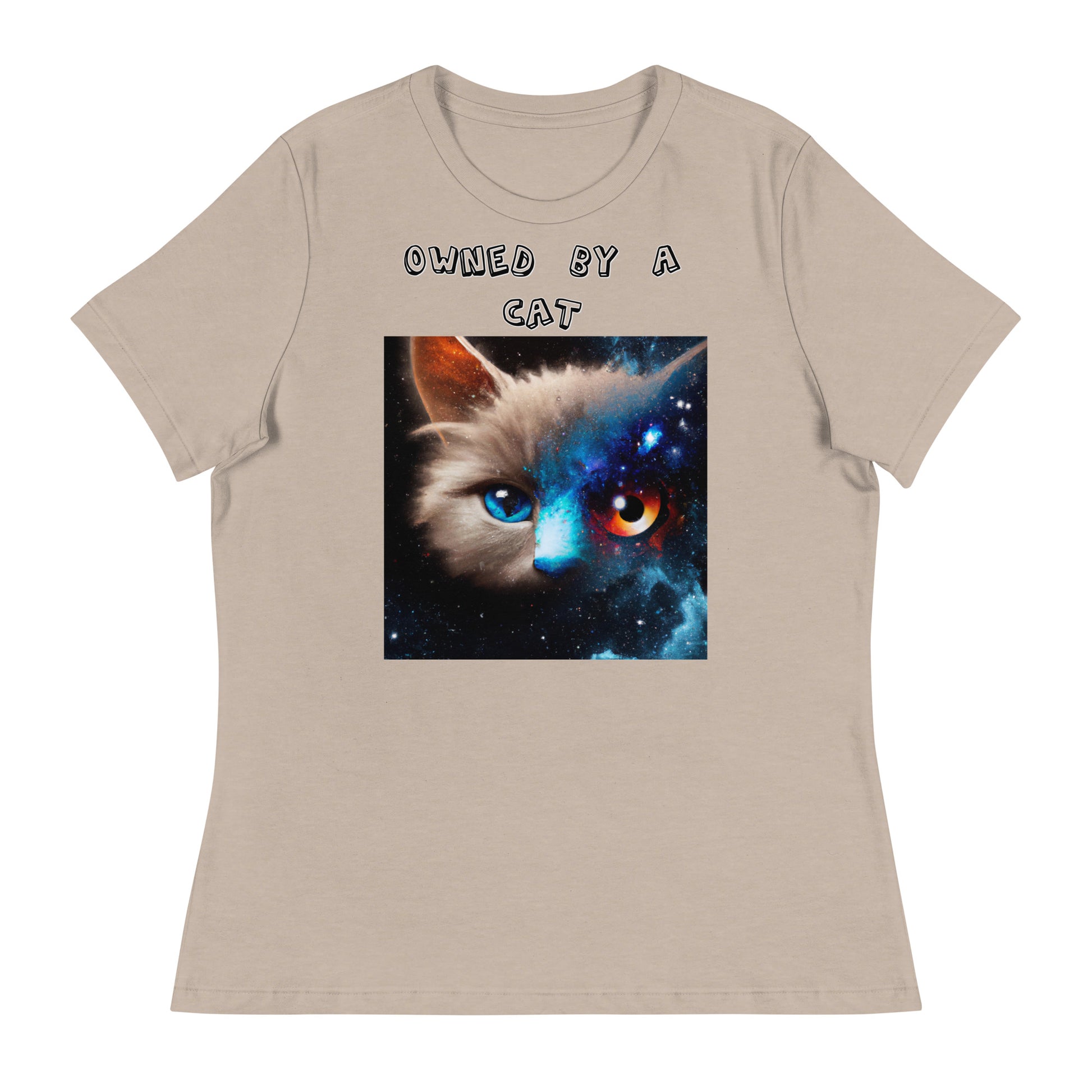 Women's White T-Shirt with Multi Colored Eyed Cat with a text "Owned by a Cat" at $25.97 found at Personalizedpetlovergifts