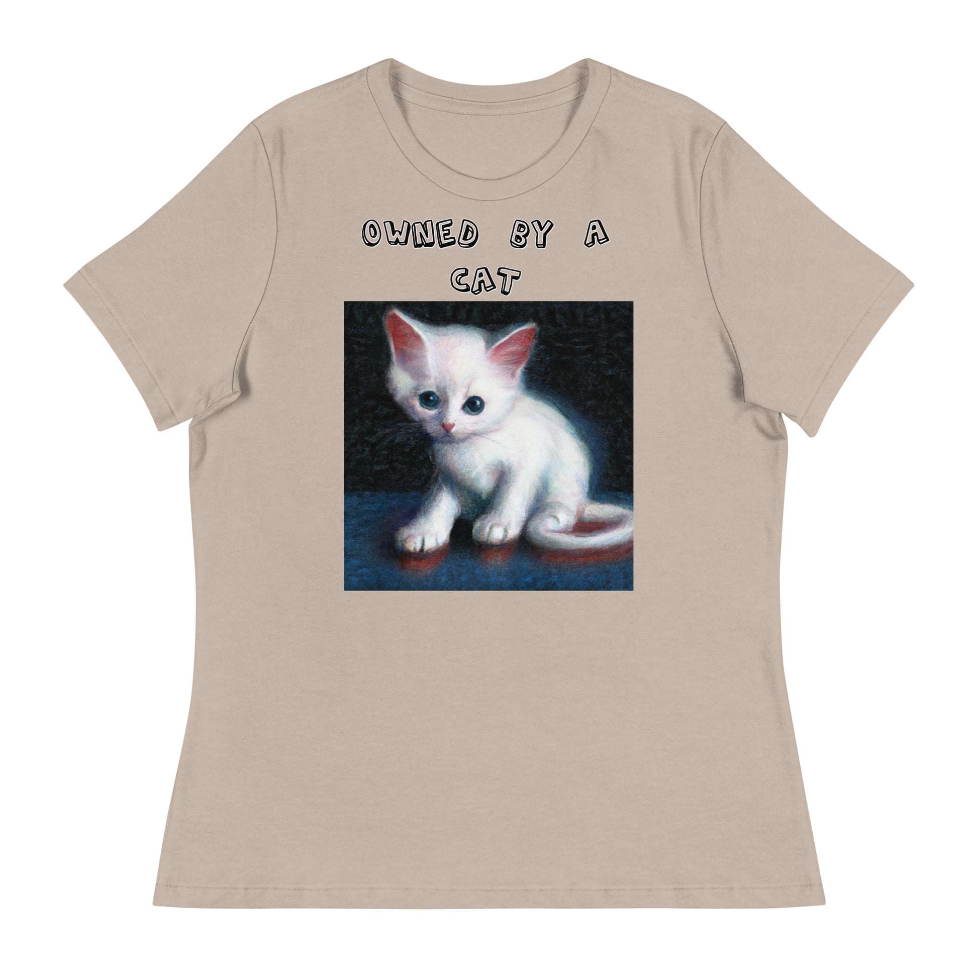 Women's White T-Shirt with Little Kitten with a text "Owned by a Cat" at $25.97 found at Personalizedpetlovergifts