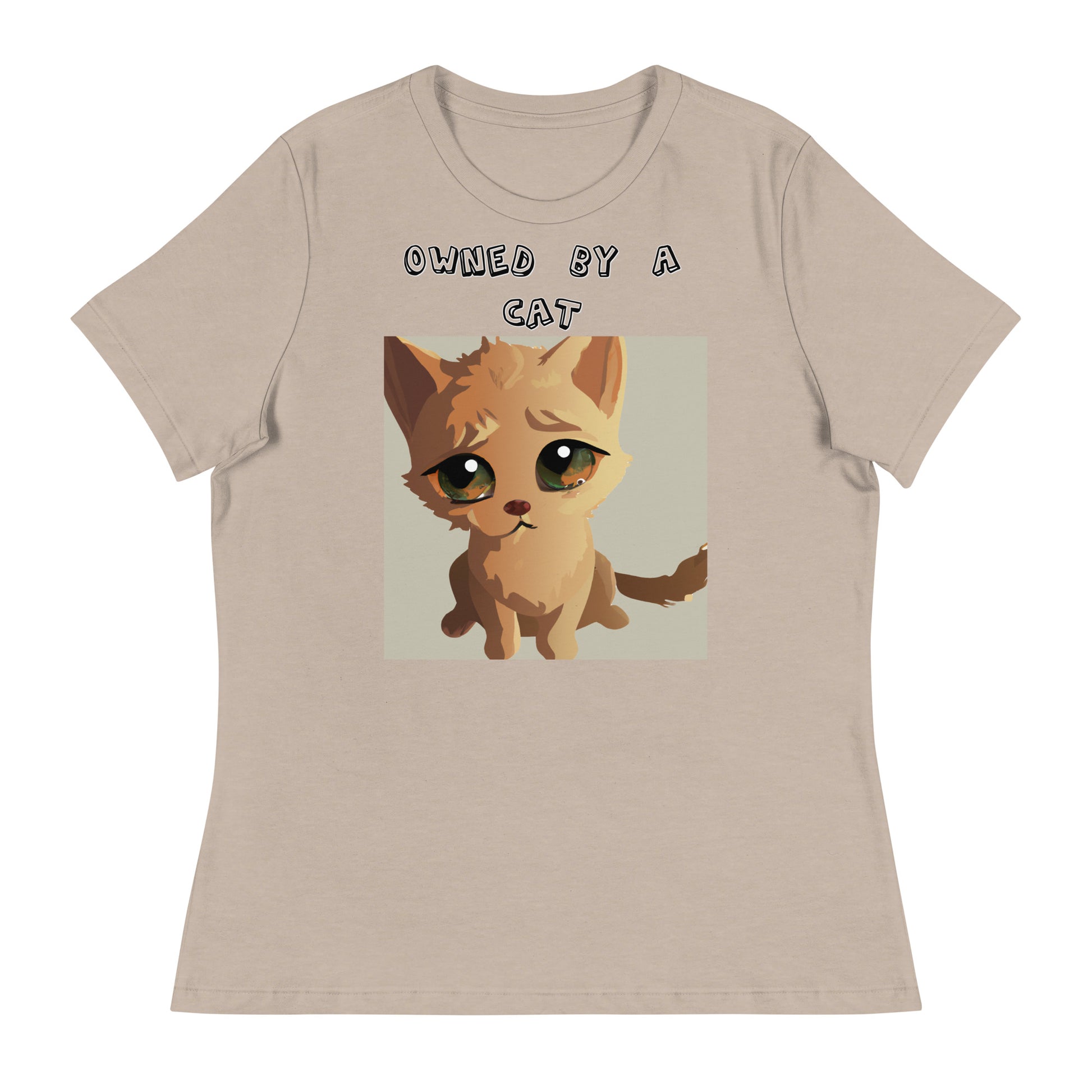 Women's White T-Shirt with Kitten With Sad Eyes with a text "Owned by a Cat" at $25.97 found at Personalizedpetlovergifts