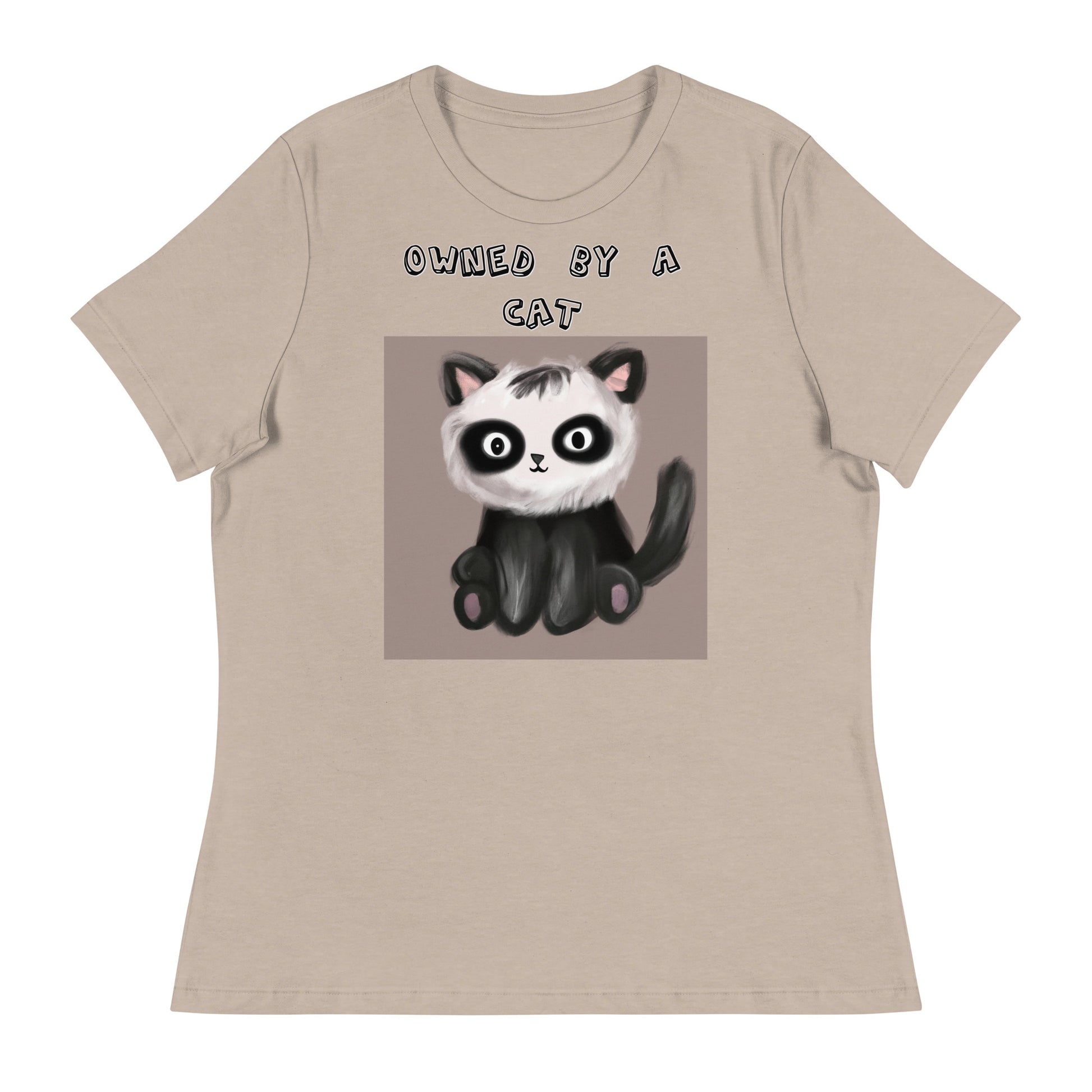 Women's White T-Shirt with Kitten With Panda Colors with a text "Owned by a Cat" at $25.97 found at Personalizedpetlovergifts