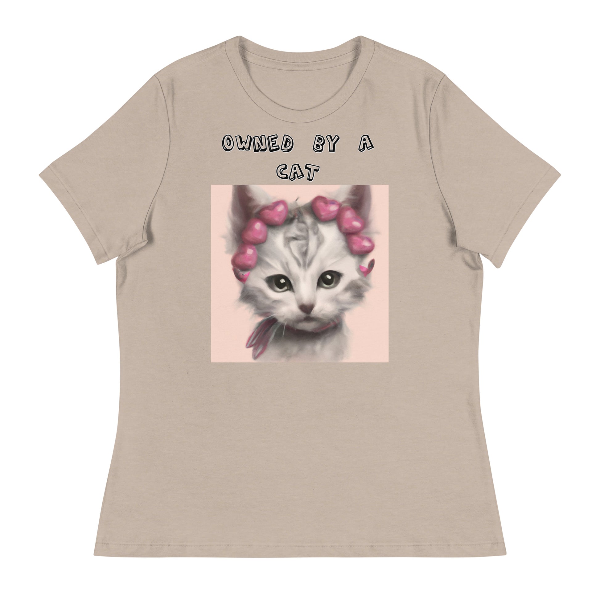 Women's White T-Shirt with Kitten With Heart Headband with a text "Owned by a Cat" at $25.97 found at Personalizedpetlovergifts