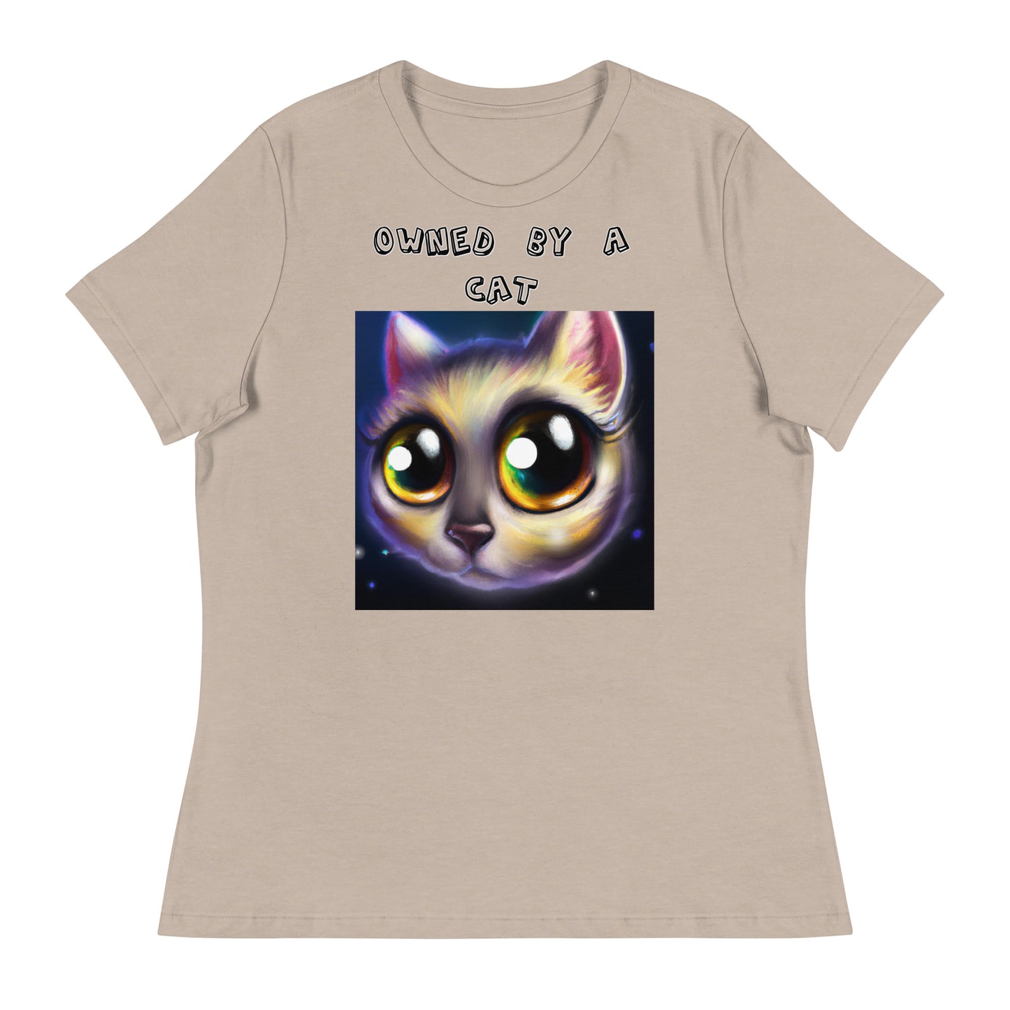 Women's White T-Shirt with Kitten With Cute Sad Eyes with a text "Owned by a Cat" at $25.97 found at Personalizedpetlovergifts