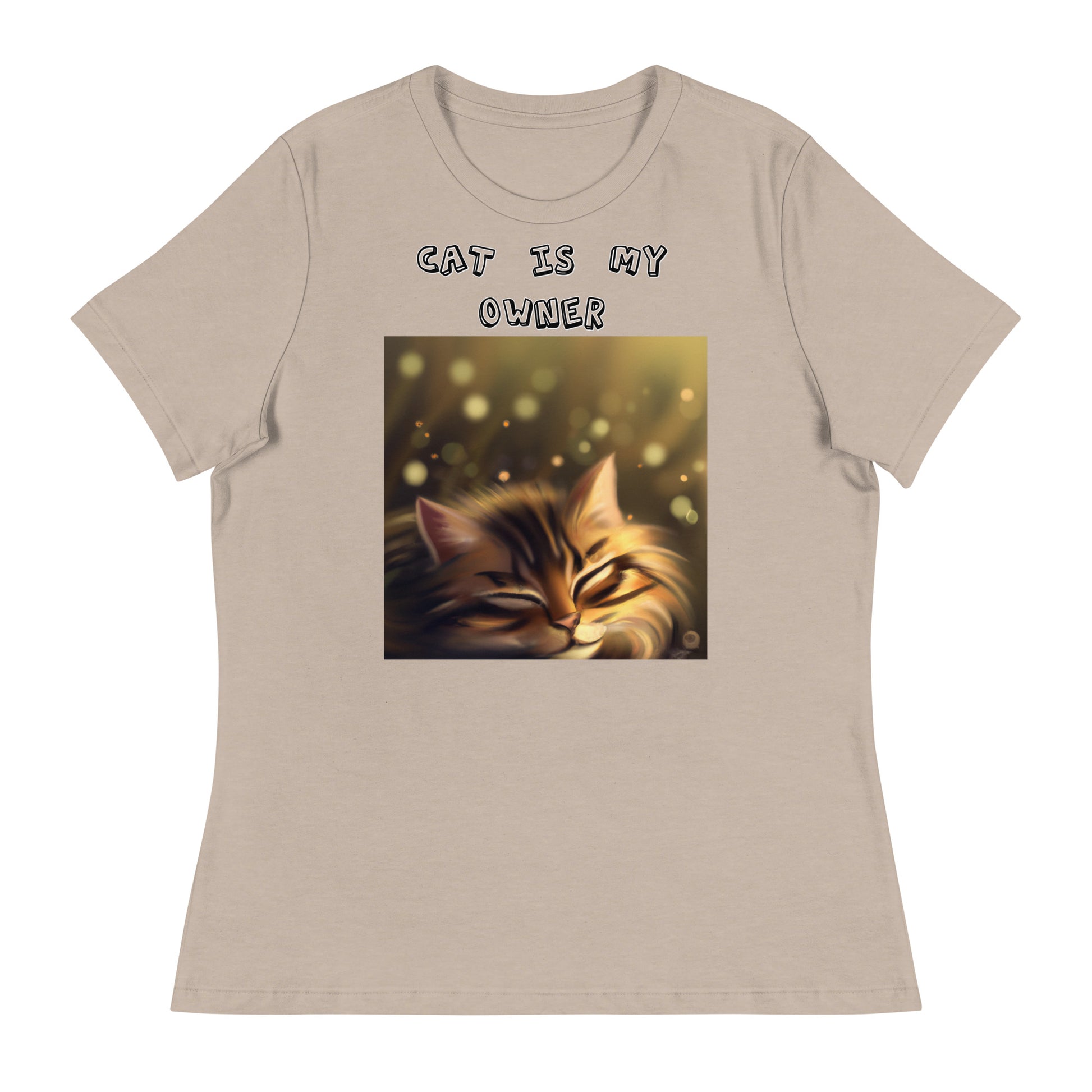 Women's White T-Shirt with Sleepy Cat with a text "Cat Is My Owner" at $25.97 found at Personalizedpetlovergifts