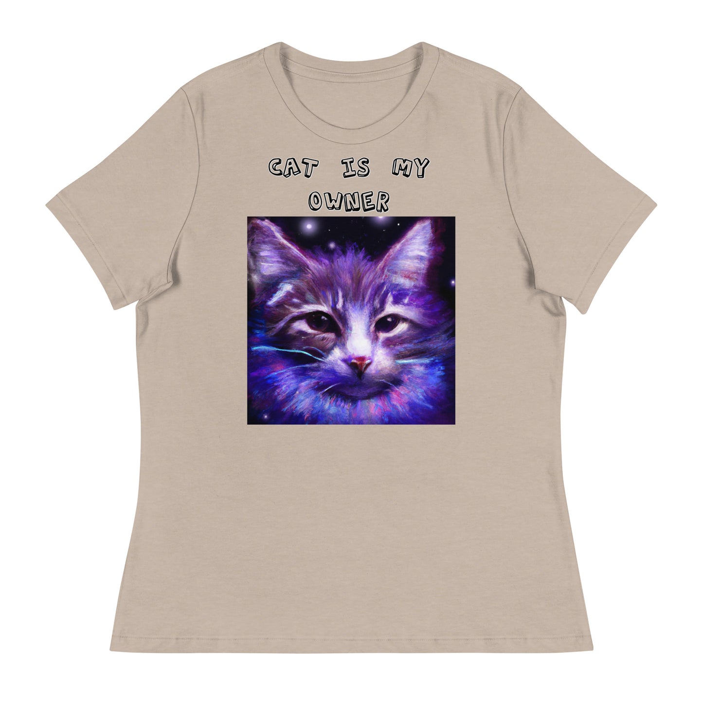 Women's White T-Shirt with Purple Space Cat with a text "Cat Is My Owner" at $25.97 found at Personalizedpetlovergifts