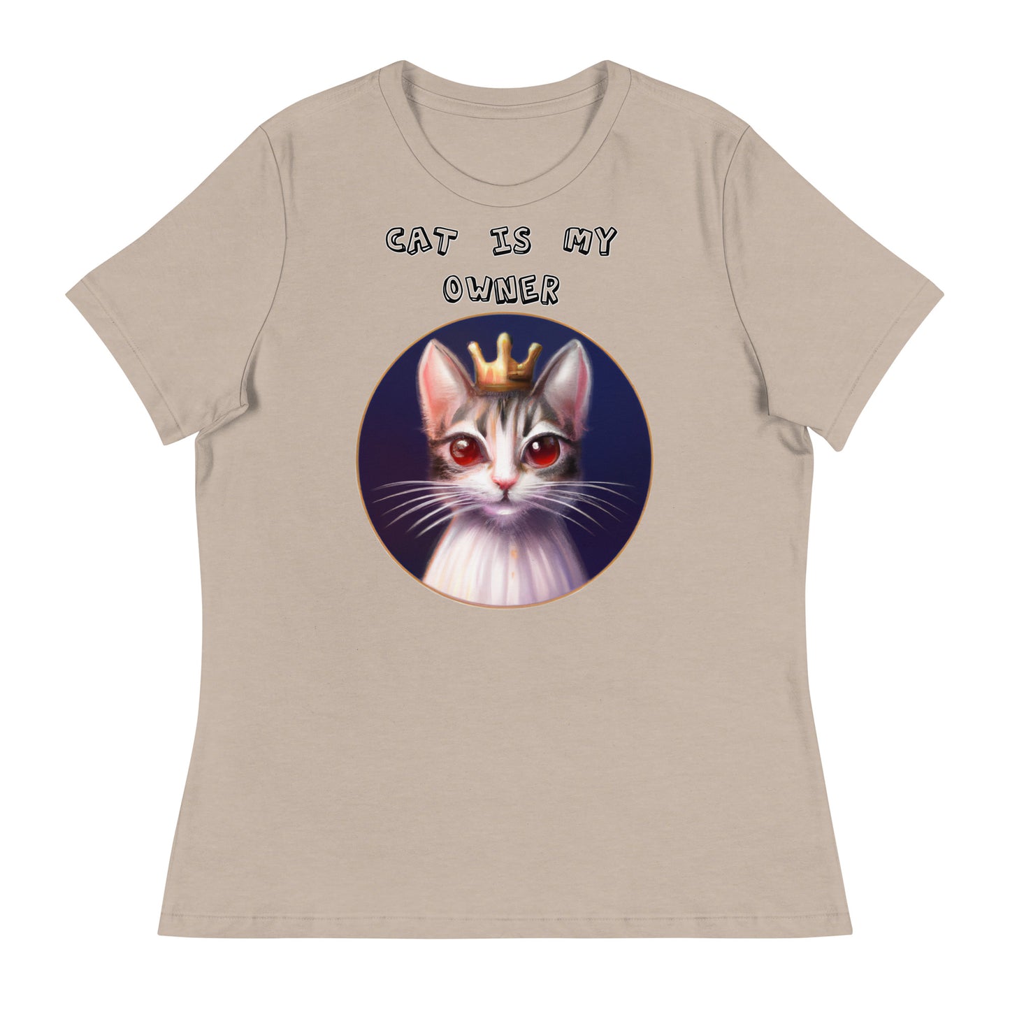 Women's White T-Shirt with Princess Cat With Red Eyes with a text "Cat Is My Owner" at $25.97 found at Personalizedpetlovergifts