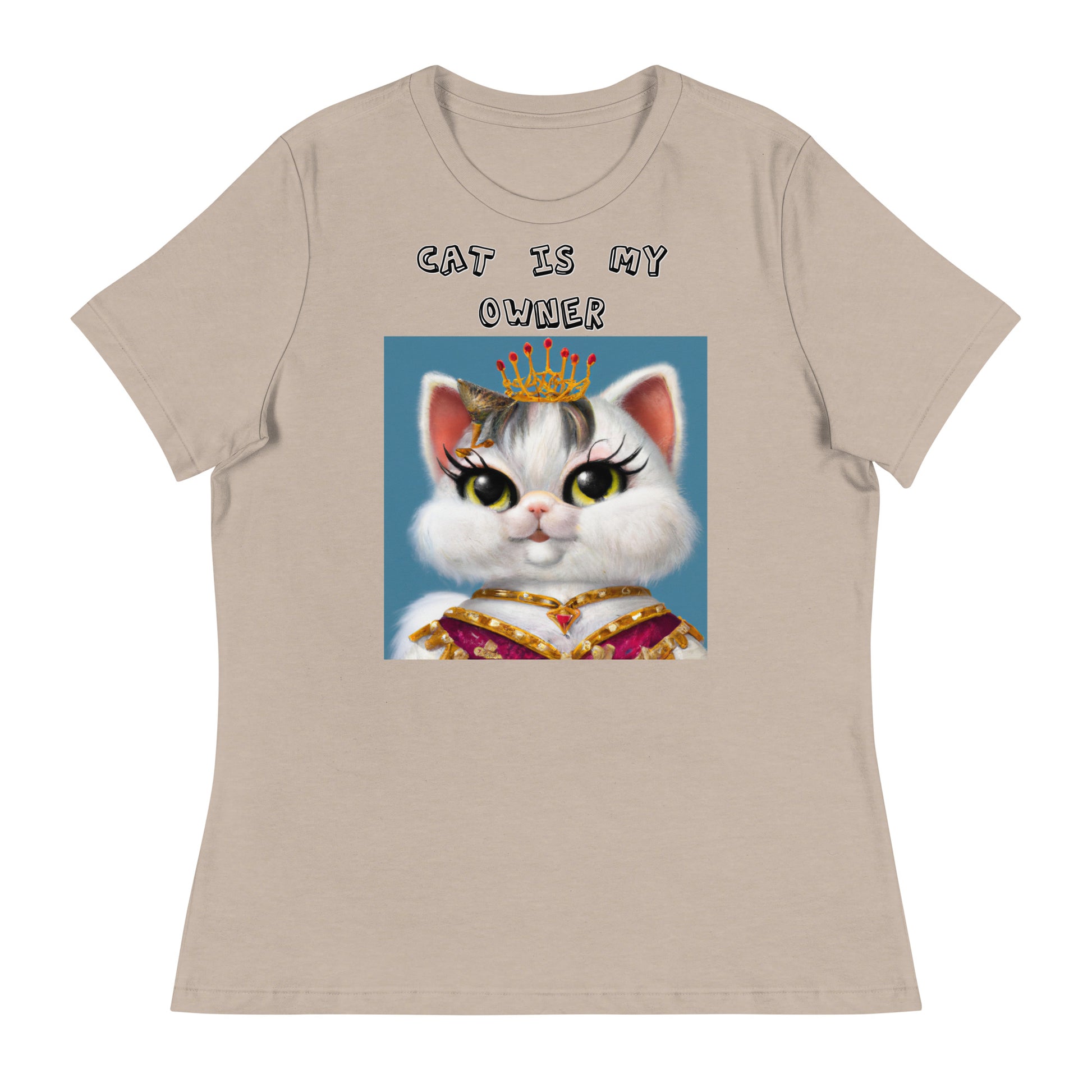 Women's White T-Shirt with Pretty Queen Cat with a text "Cat Is My Owner" at $25.97 found at Personalizedpetlovergifts