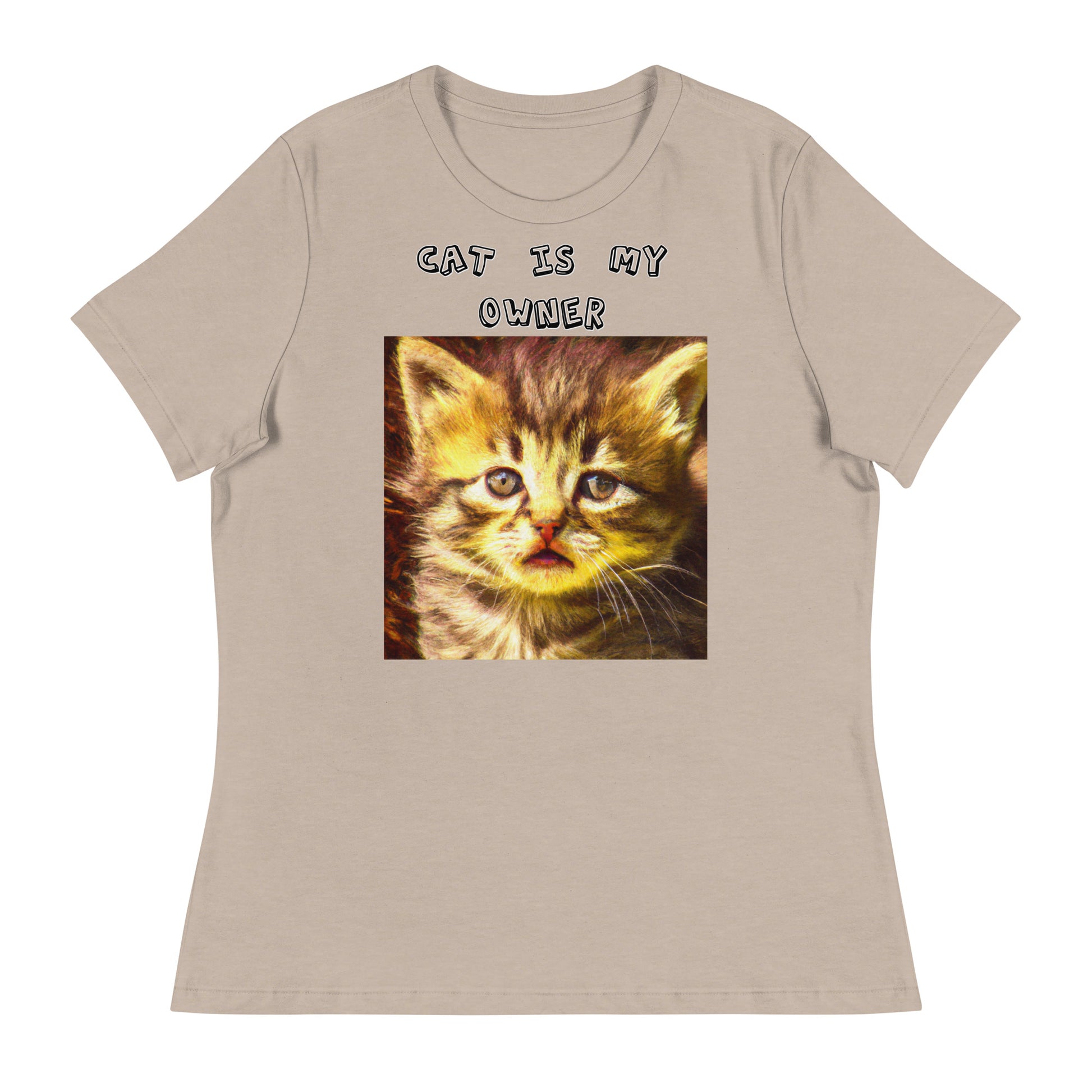 Women's White T-Shirt with Portrait Of a Fluffy Kitten with a text "Cat Is My Owner" at $25.97 found at Personalizedpetlovergifts