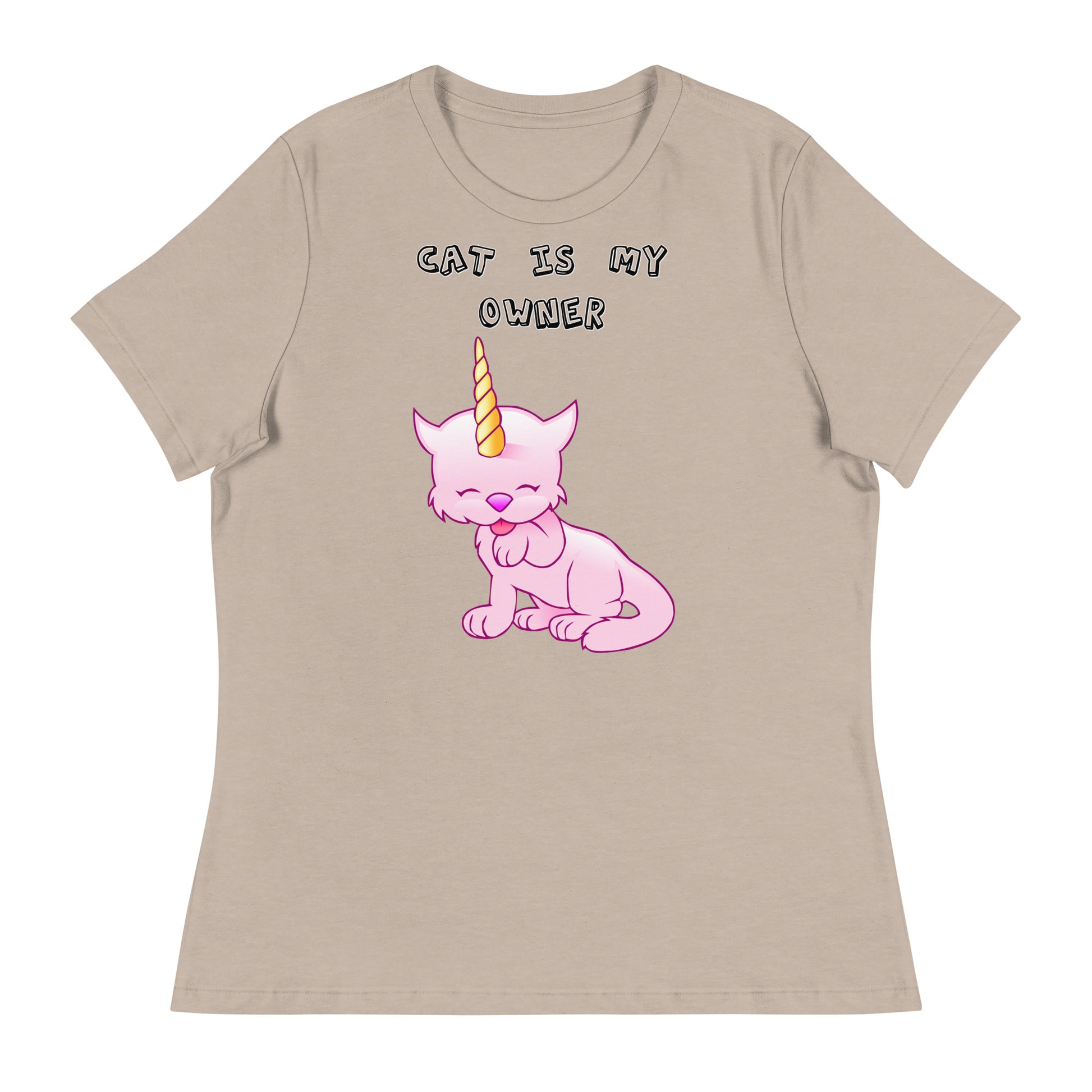 Women's White T-Shirt with Pink Unicorn Cat Licking Its Paw with a text "Cat Is My Owner" at $25.97 found at Personalizedpetlovergifts