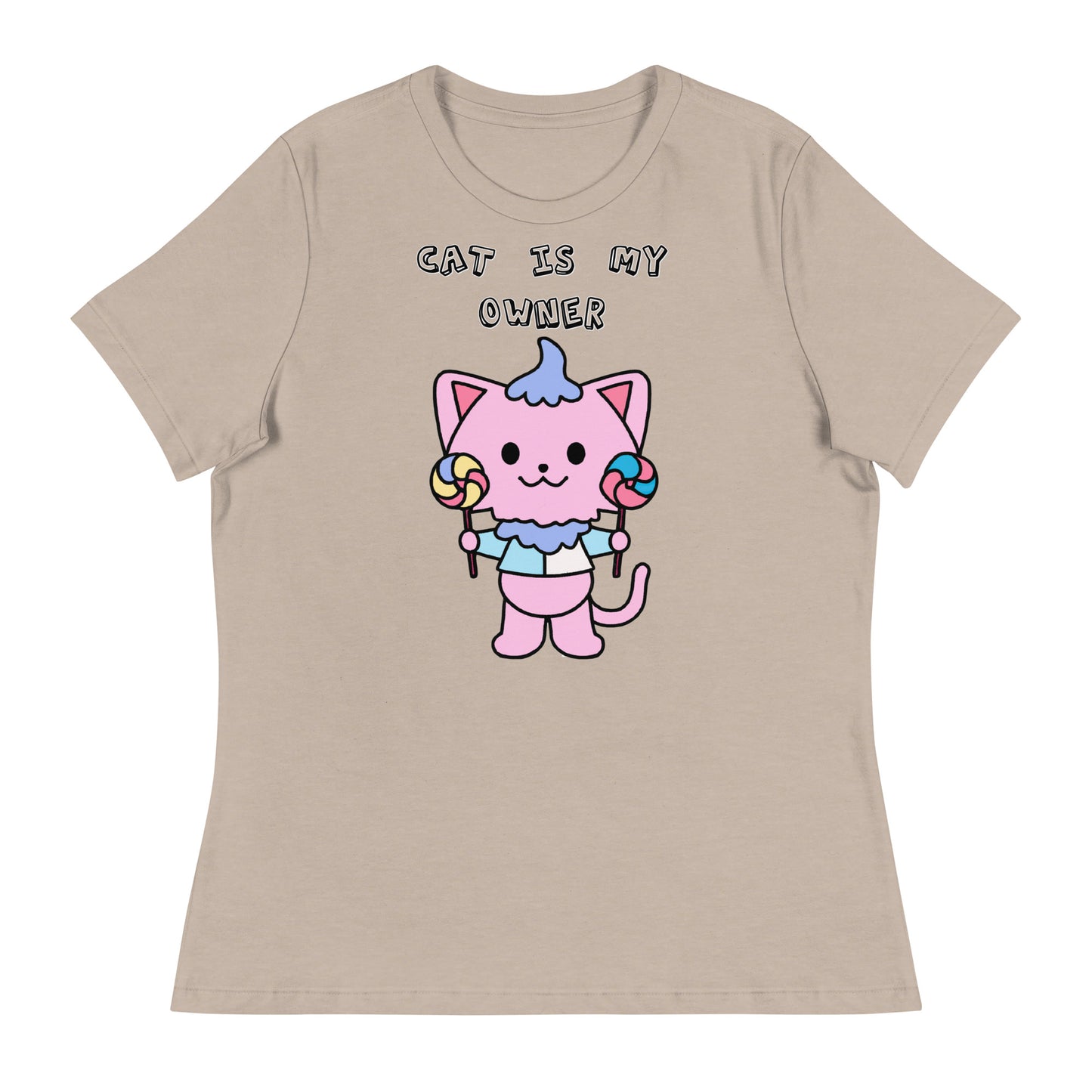 Women's White T-Shirt with Pink Kitten With Lollipops with a text "Cat Is My Owner" at $25.97 found at Personalizedpetlovergifts