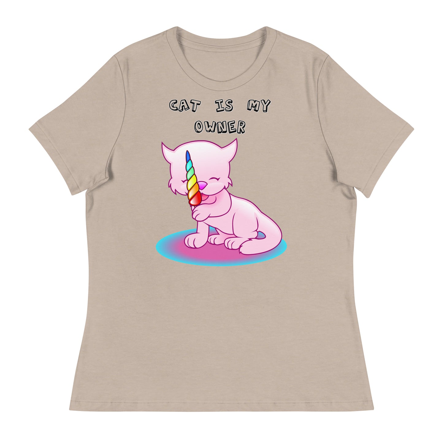 Women's White T-Shirt with Pink Kitten Licking Candy with a text "Cat Is My Owner" at $25.97 found at Personalizedpetlovergifts