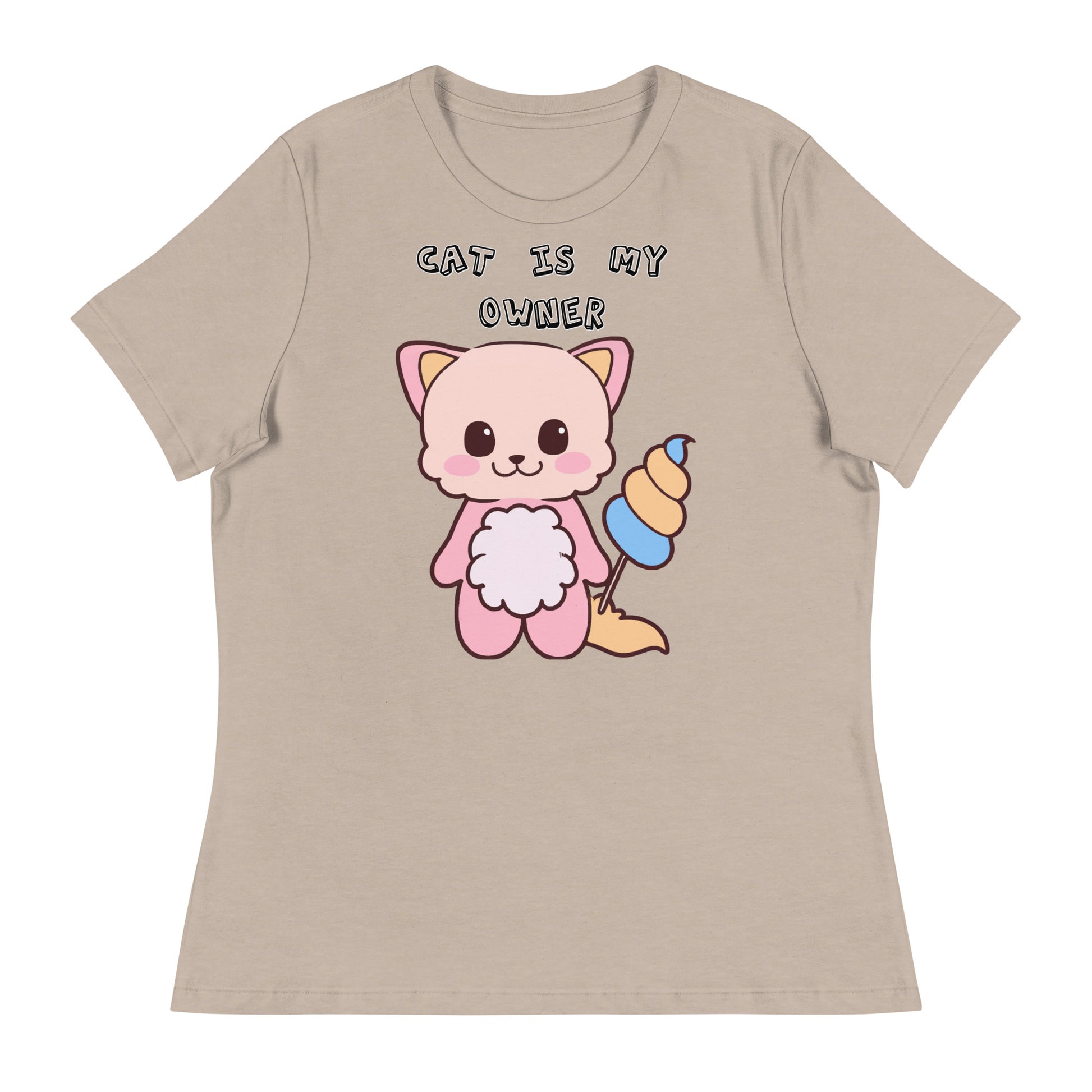 Women's White T-Shirt with Pink Kitten Holding a Cotton Candy with a text "Cat Is My Owner" at $25.97 found at Personalizedpetlovergifts