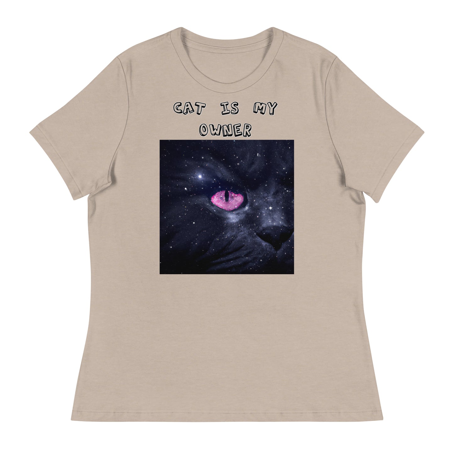 Women's White T-Shirt with Pink Galaxy Eyed Cat with a text "Cat Is My Owner" at $25.97 found at Personalizedpetlovergifts