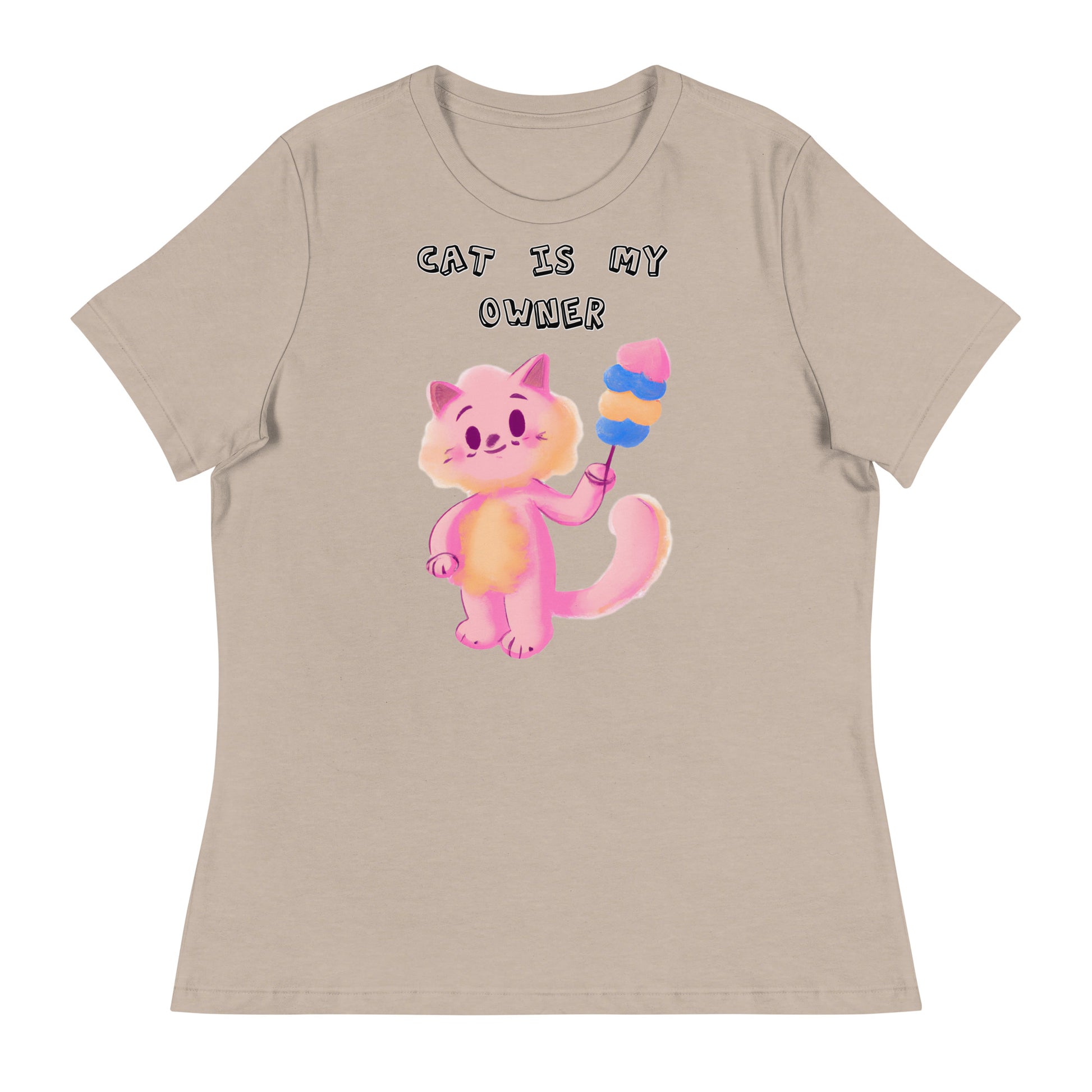 Women's White T-Shirt with Pink Cat With Cotton Candy with a text "Cat Is My Owner" at $25.97 found at Personalizedpetlovergifts