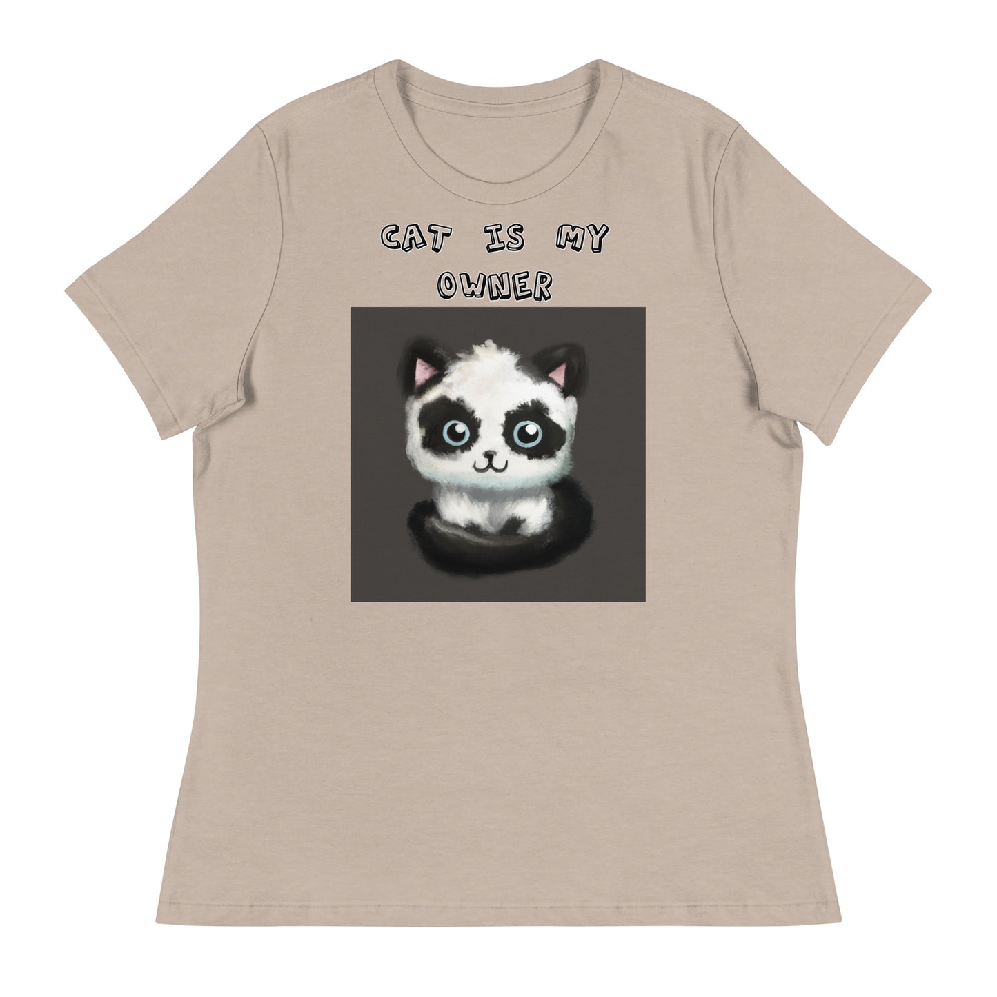 Women's White T-Shirt with Panda Colored Kitten with a text "Cat Is My Owner" at $25.97 found at Personalizedpetlovergifts