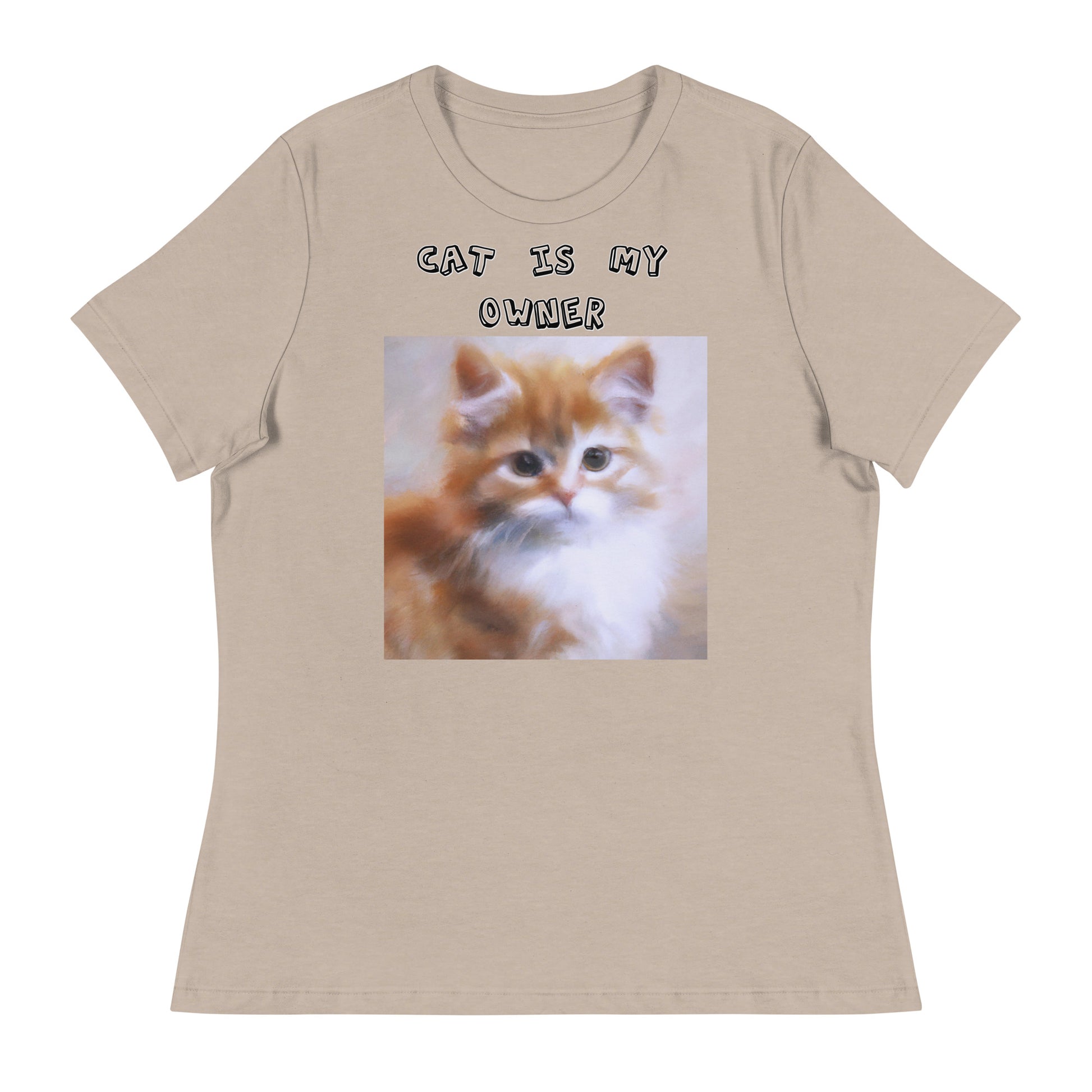 Women's White T-Shirt with Orange Fluffy Kitten with a text "Cat Is My Owner" at $25.97 found at Personalizedpetlovergifts