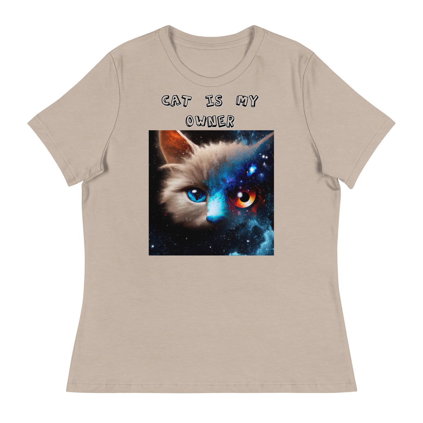 Women's White T-Shirt with Multi Colored Eyed Cat with a text "Cat Is My Owner" at $25.97 found at Personalizedpetlovergifts