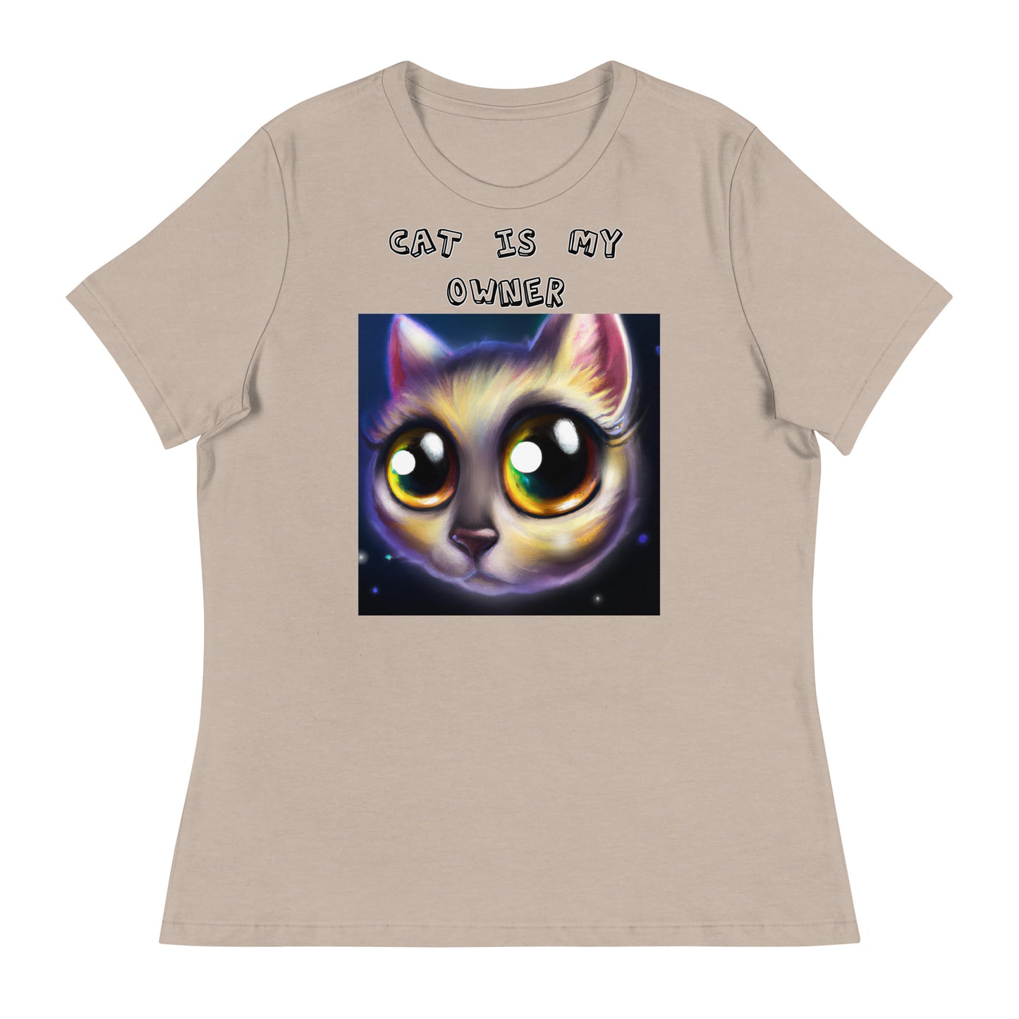 Women's White T-Shirt with Kitten With Cute Sad Eyes with a text "Cat Is My Owner" at $25.97 found at Personalizedpetlovergifts