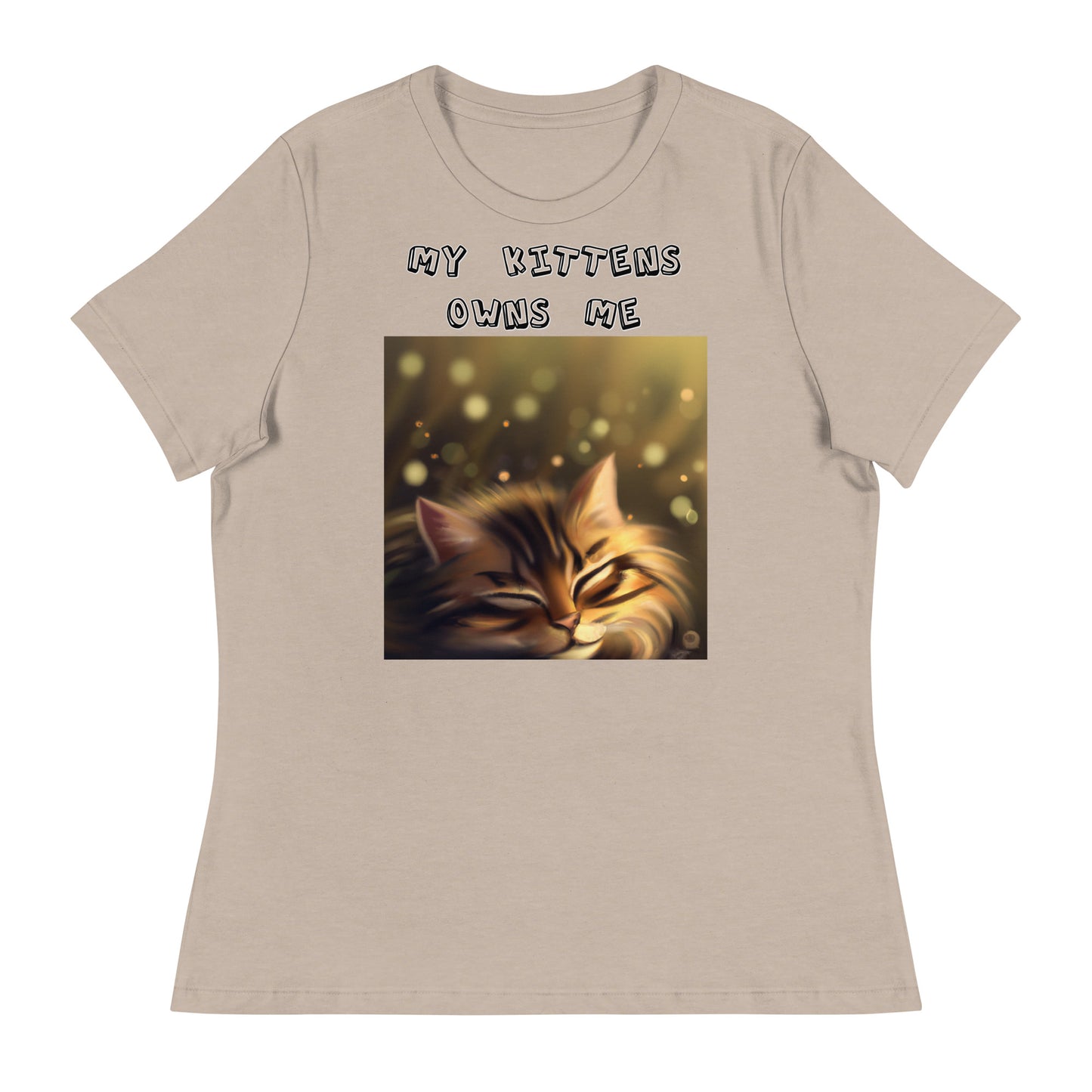 Women's White T-Shirt with Sleepy Cat with a text "My Kittens Own Me" at $25.97 found at Personalizedpetlovergifts