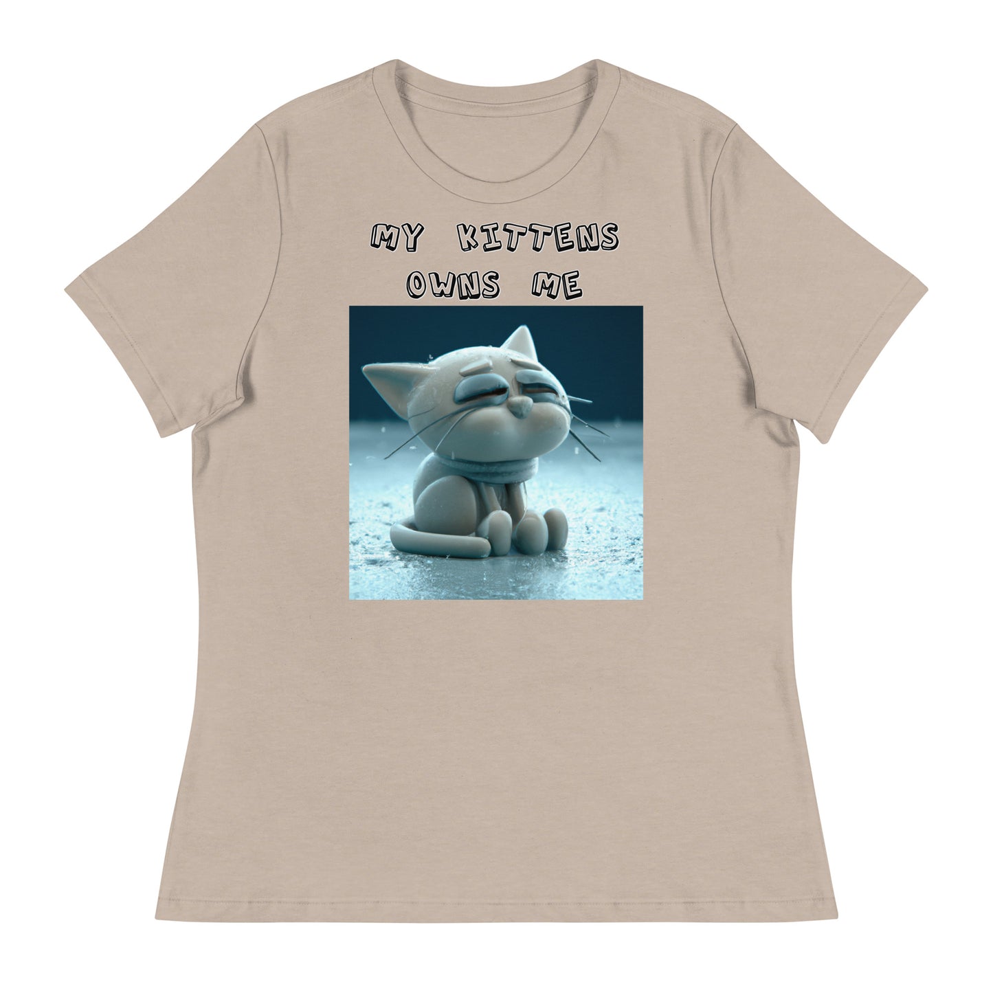 Women's White T-Shirt with Sad Sitting Kitten with a text "My Kittens Own Me" at $25.97 found at Personalizedpetlovergifts