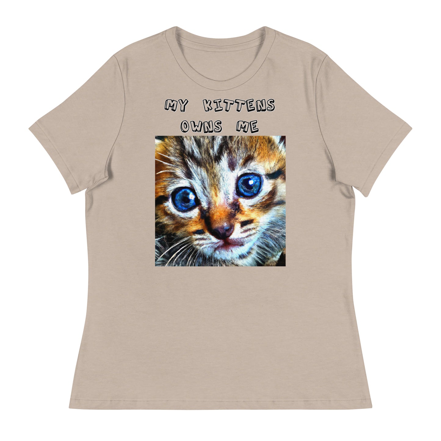 Women's White T-Shirt with Portrait Painting Of a Cat with a text "My Kittens Own Me" at $25.97 found at Personalizedpetlovergifts