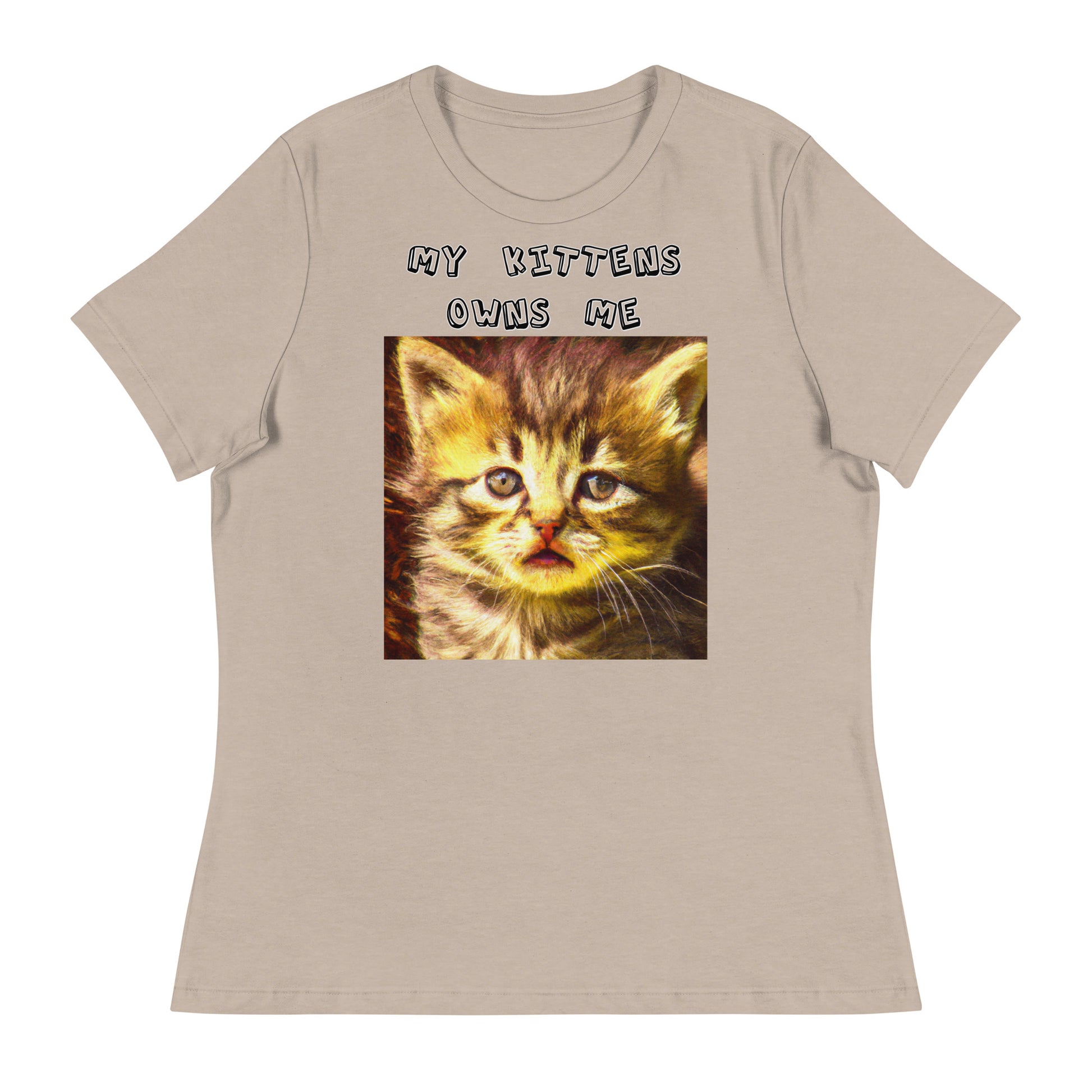 Women's White T-Shirt with Portrait Of a Fluffy Kitten with a text "My Kittens Own Me" at $25.97 found at Personalizedpetlovergifts