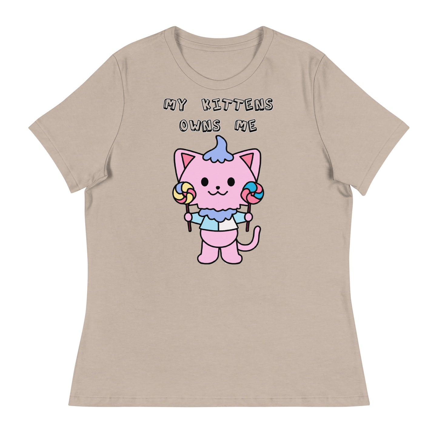 Women's White T-Shirt with Pink Kitten With Lollipops with a text "My Kittens Own Me" at $25.97 found at Personalizedpetlovergifts