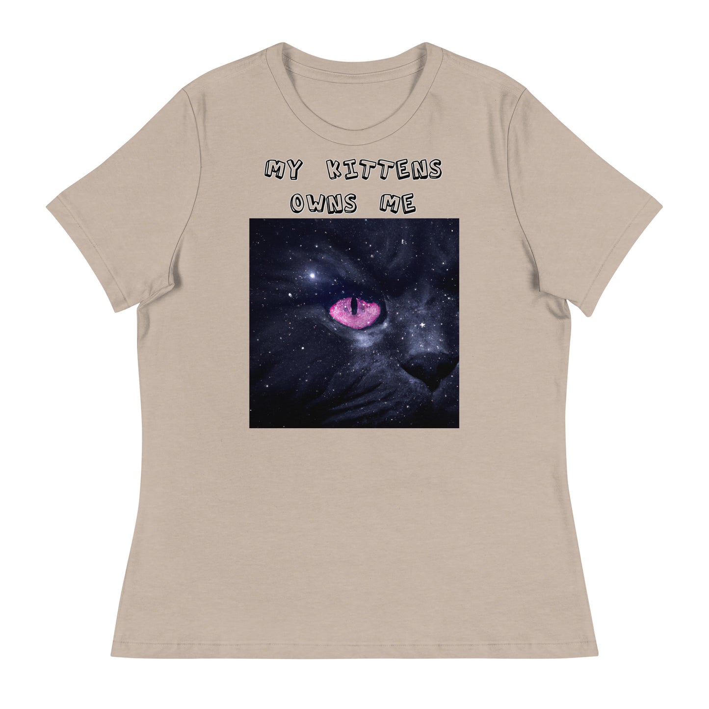 Women's White T-Shirt with Pink Galaxy Eyed Cat with a text "My Kittens Own Me" at $25.97 found at Personalizedpetlovergifts