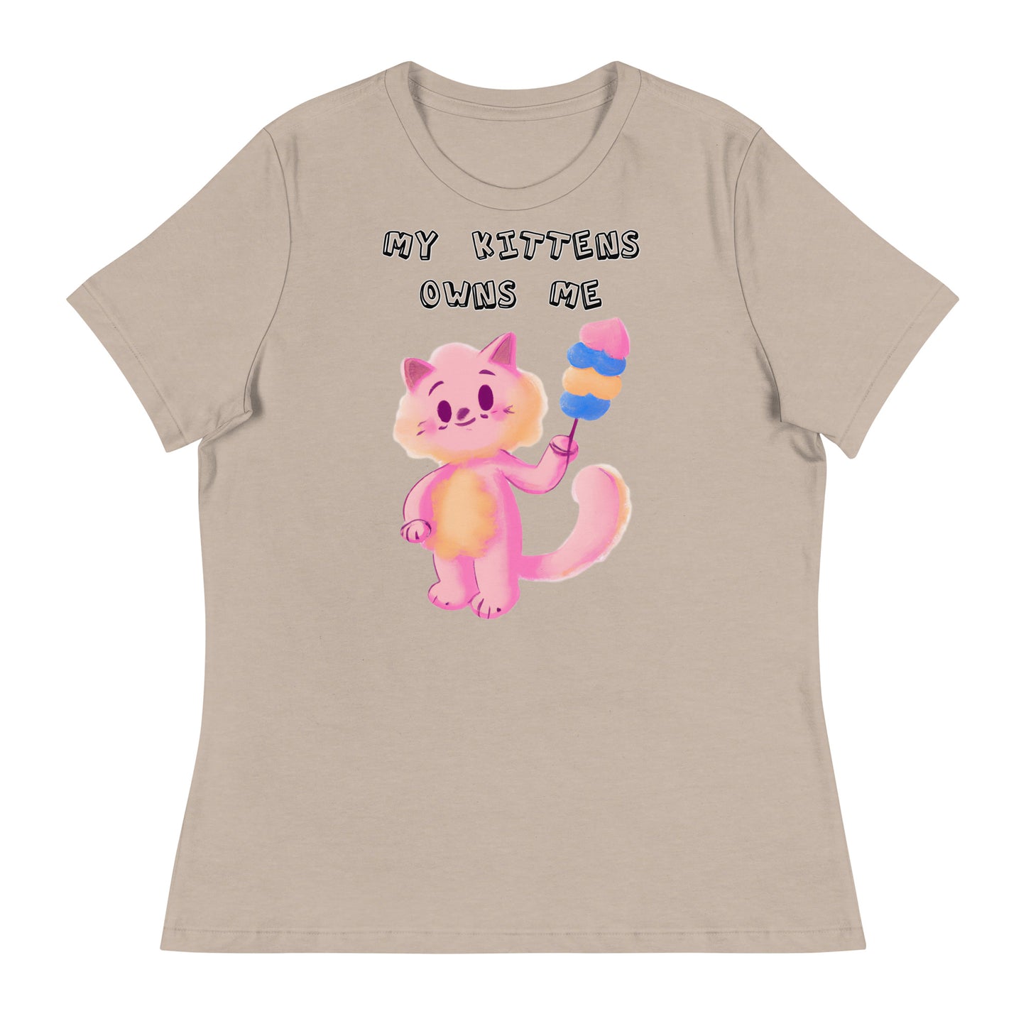 Women's White T-Shirt with Pink Cat With Cotton Candy with a text "My Kittens Own Me" at $25.97 found at Personalizedpetlovergifts