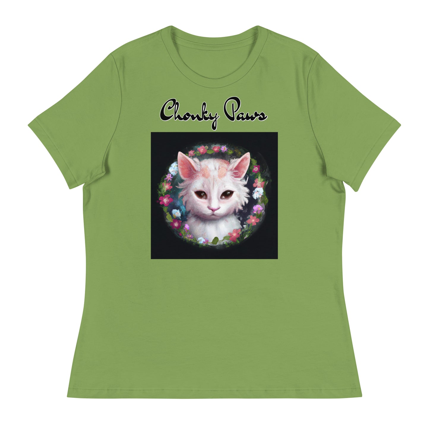 Women's T-Shirt with Kitten In a Floral Circle with a text "Chonky Paws" at $25.97 found at Personalizedpetlovergifts