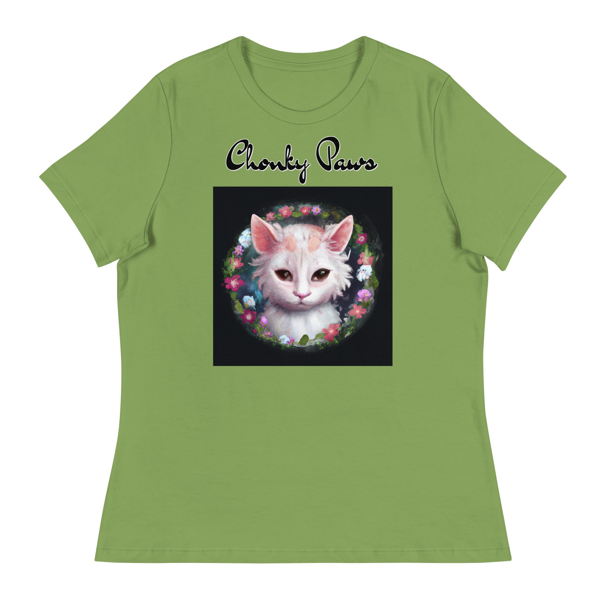 Women's T-Shirt with Kitten In a Floral Circle with a text "Chonky Paws" at $25.97 found at Personalizedpetlovergifts