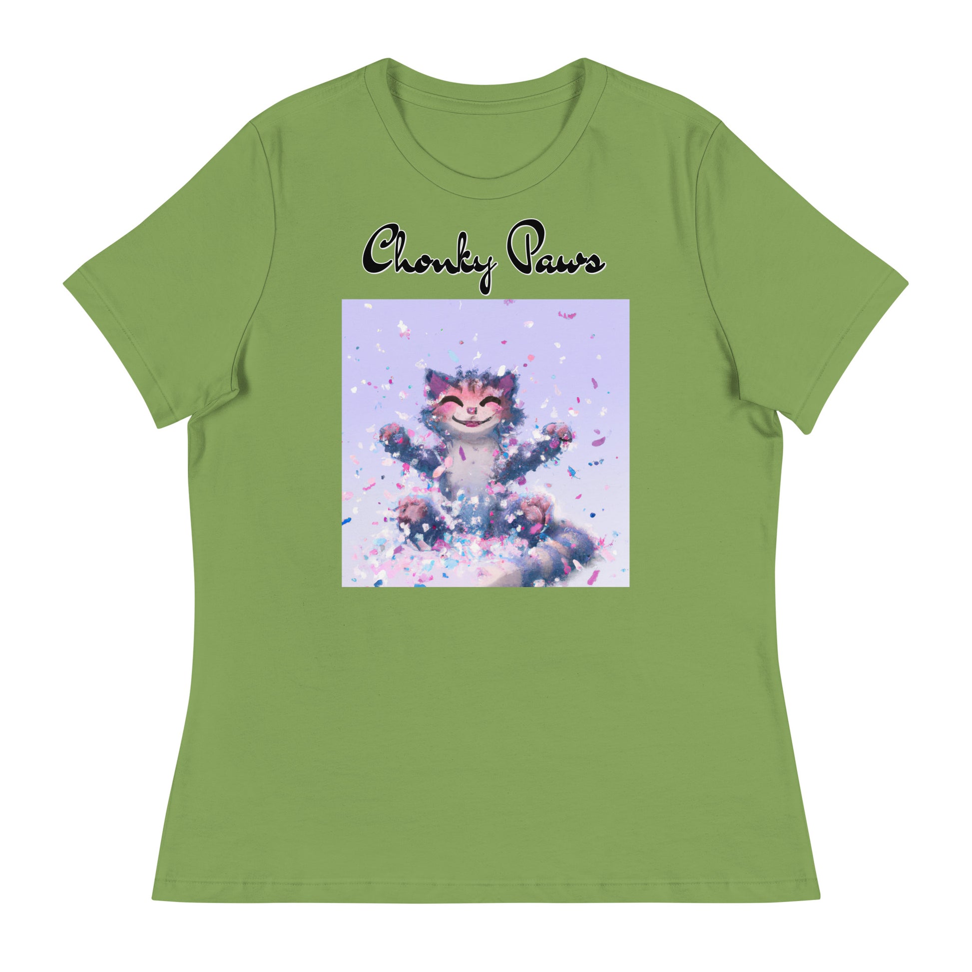 Women's T-Shirt with Kitten Enjoying Confetti with a text "Chonky Paws" at $25.97 found at Personalizedpetlovergifts