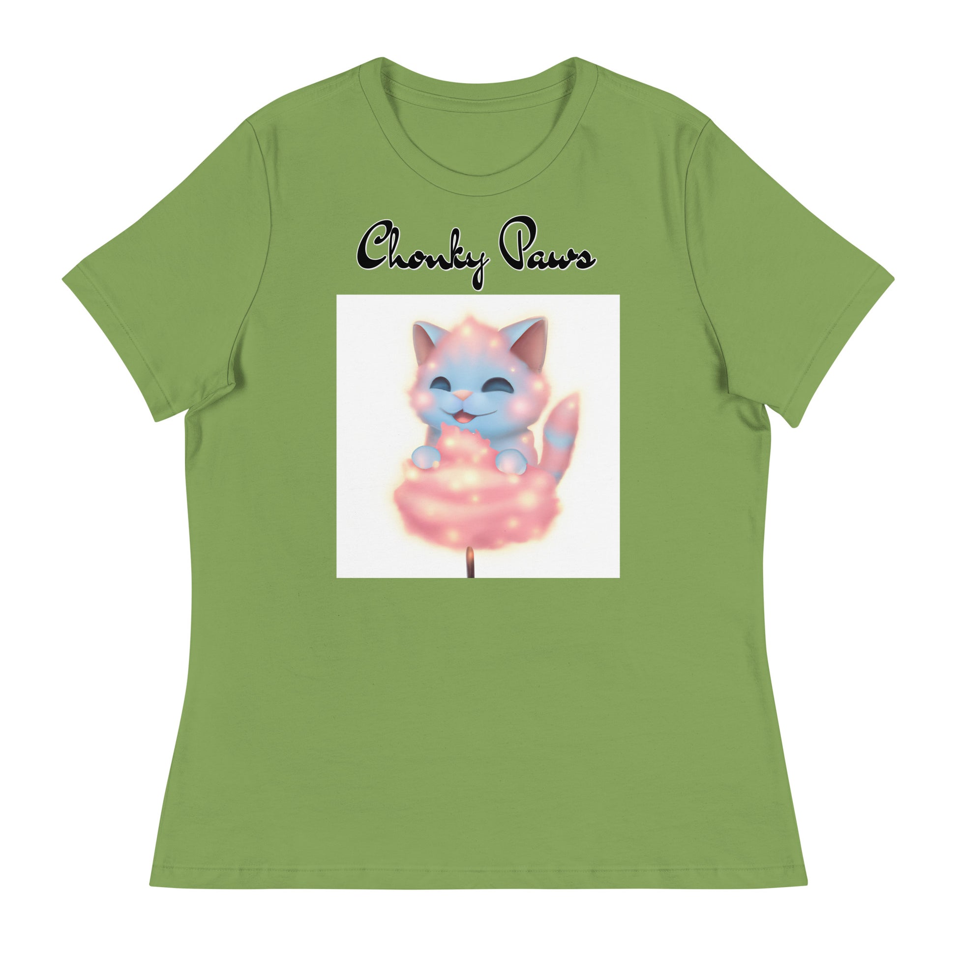 Women's T-Shirt with Kitten Enjoying a Cotton Candy with a text "Chonky Paws" at $25.97 found at Personalizedpetlovergifts