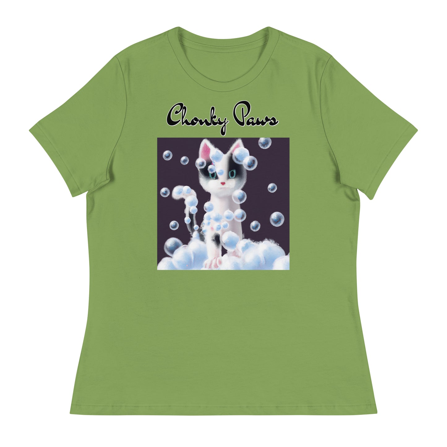 Women's T-Shirt with Kitten Covered In Bubbles with a text "Chonky Paws" at $25.97 found at Personalizedpetlovergifts